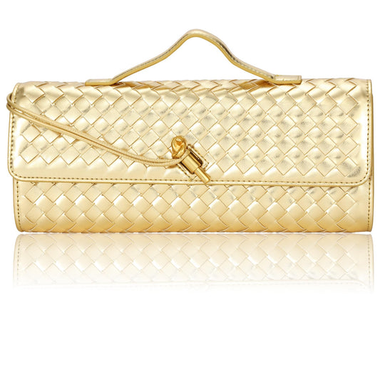 EGCUQ PU Leather Woven Gold Purse,Wedding Clutch,Woven Gold Clutch Purses For Women 11.8" x 1.7" x 4.9"