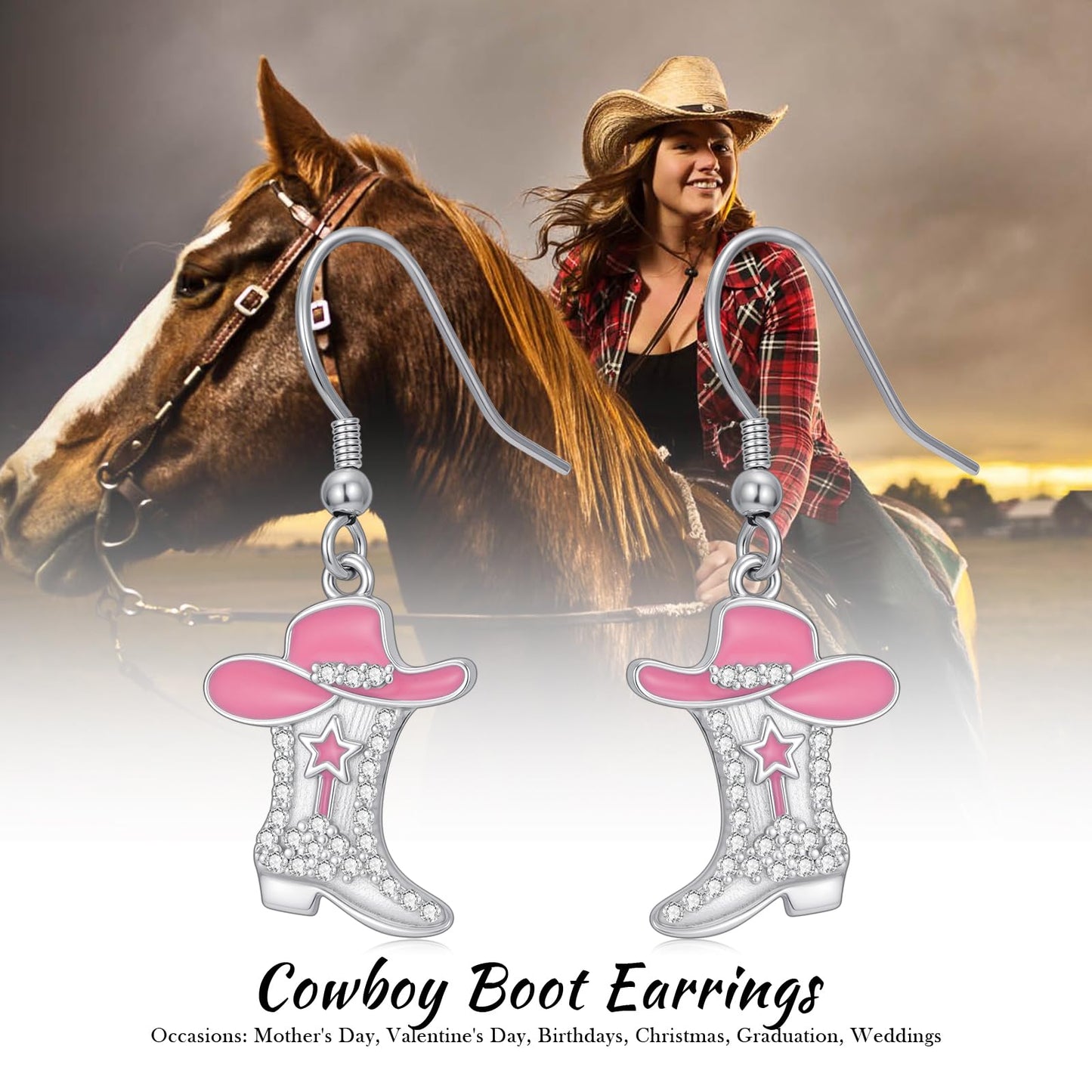 KoyeKei Pink Cowgirl Boot Earrings Western 925 Sterling Silver Pink Cowboy Texas Boot Country Dangle Drop Cubic Zirconia Earrings Western Jewelry Christmas Gifts for Women