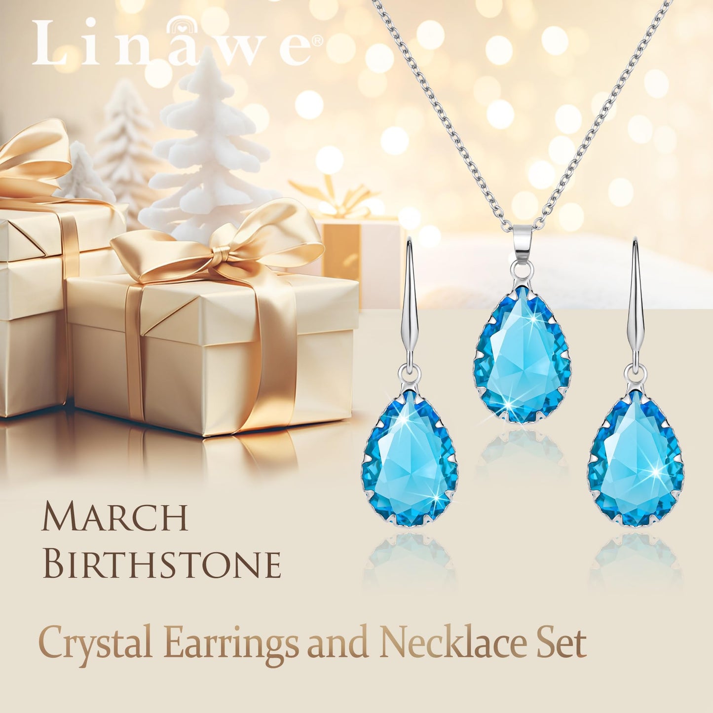 Linawe Silver Jewelry Sets for Women, Aquamarine Blue Necklace and Earring Set, Birthstone Crystal Imitation Diamond Pendant Necklace Set, Tear Drop Earrings Jewelry Set Costume