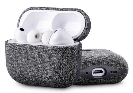 HanFab Artisan Hand-Wrapped Vegan Leather Case for AirPods Pro 2 | Canvas Finish Synthetic Leather | Microfiber-Lined Scratch Protection | Hard Shell Case for AirPods Pro 2nd Generation - Gray