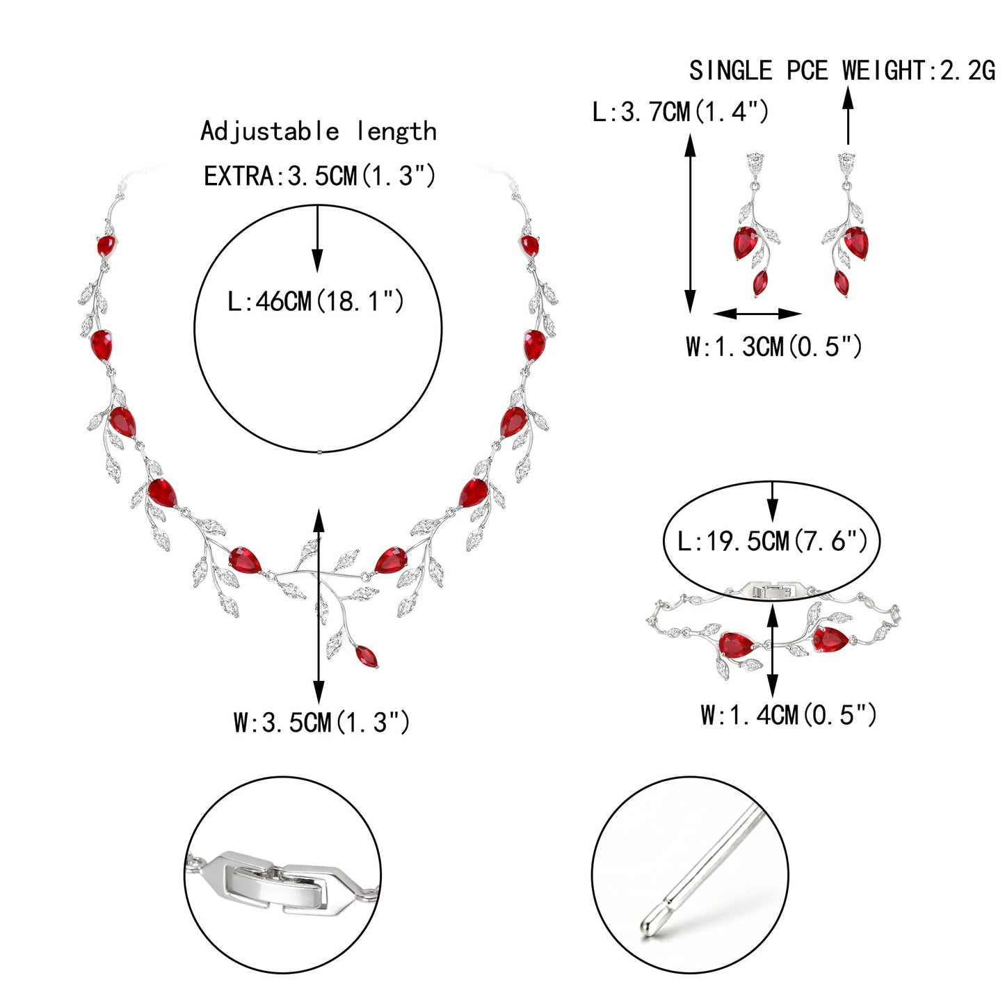 EVER FAITH Elegant Jewelry for Bride Women Bridesmaid, Sparkly Red Cubic Zirconia Pear-Shaped Birthstone Leaf Necklace Earrings Bracelet Set for Prom