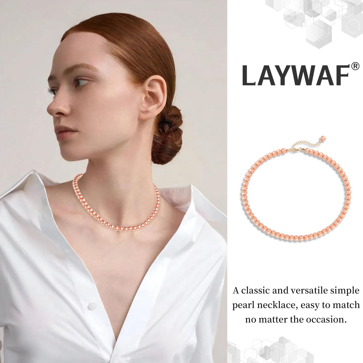 LAYWAF Imitation Pearl Choker Necklace for Women Mom Wedding Bride, Fake Pearl Orange Necklace, 8MM Beaded Necklace, Simple Faux Pearl Accessories Costume Jewelry