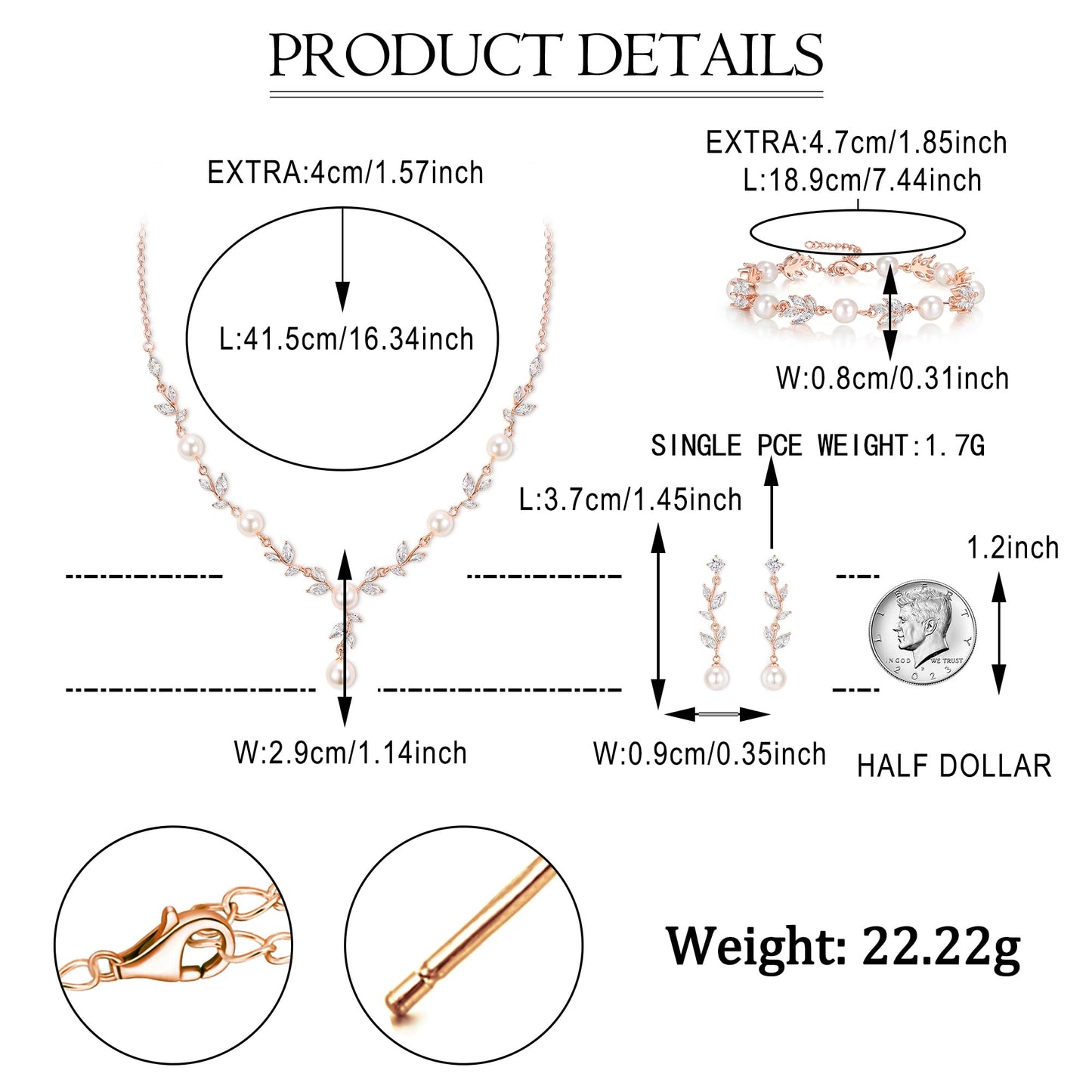 EVER FAITH Bridal Jewelry Set for Bride Bridesmaid, White Marquise Cubic Zirconia Rose Gold-Plated-Brass Faux Pearl Leaf Vine Party Prom Necklace Dangle Earrings Bracelet for Women