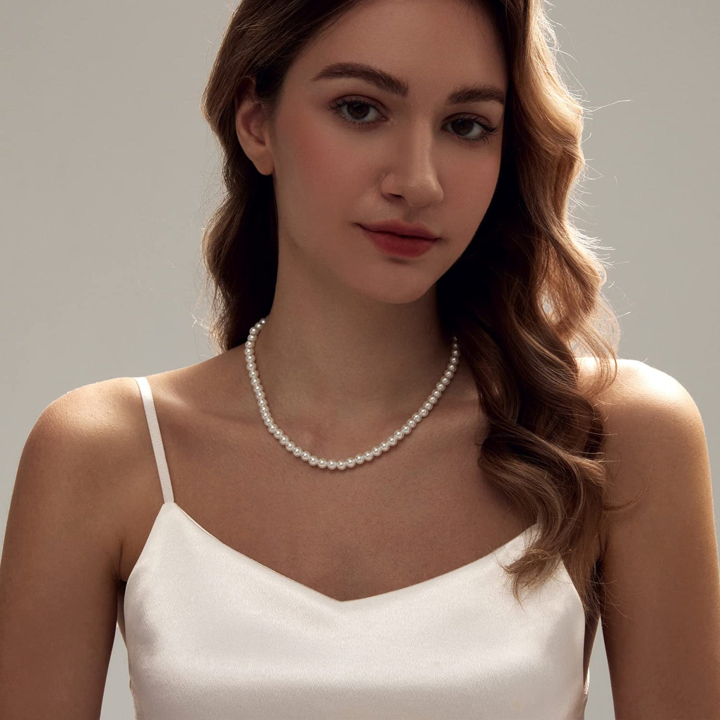 Zeffy Pearl Necklace for Women, 6MM Dainty Round Imitation Pearl Choker Necklace Wedding Delicate Jewelry for Women Simple Bridesmaid Jewelry Valentines Day Gifts