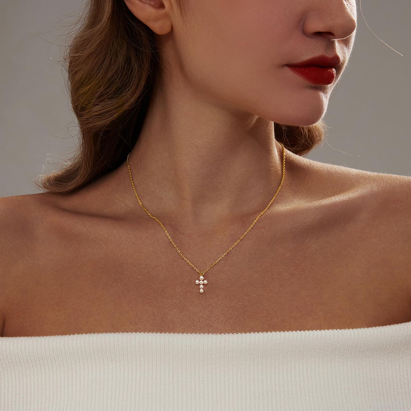 Zeffy Cross Necklace for Women,18k Gold Plated Pearl Necklace Tiny Cross Necklace for Women Simple Layered Cross Necklaces