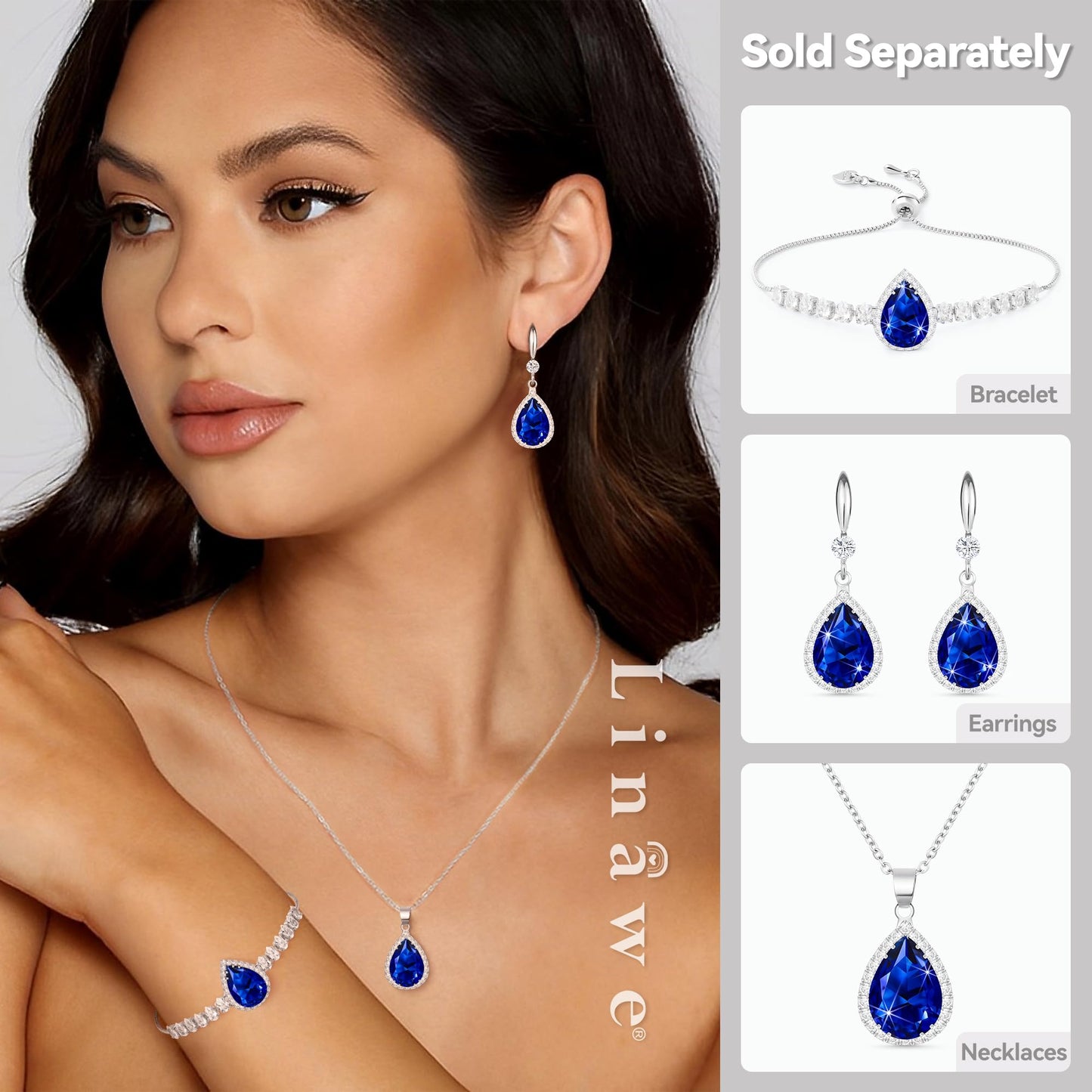 Linawe Sapphire Crystal Navy Blue Imitation Diamond Pendant Silver Necklace for Women Trendy, Cubic Zirconia Rhinestone Moonstone Moissanite Boho Wedding Jewelry Set