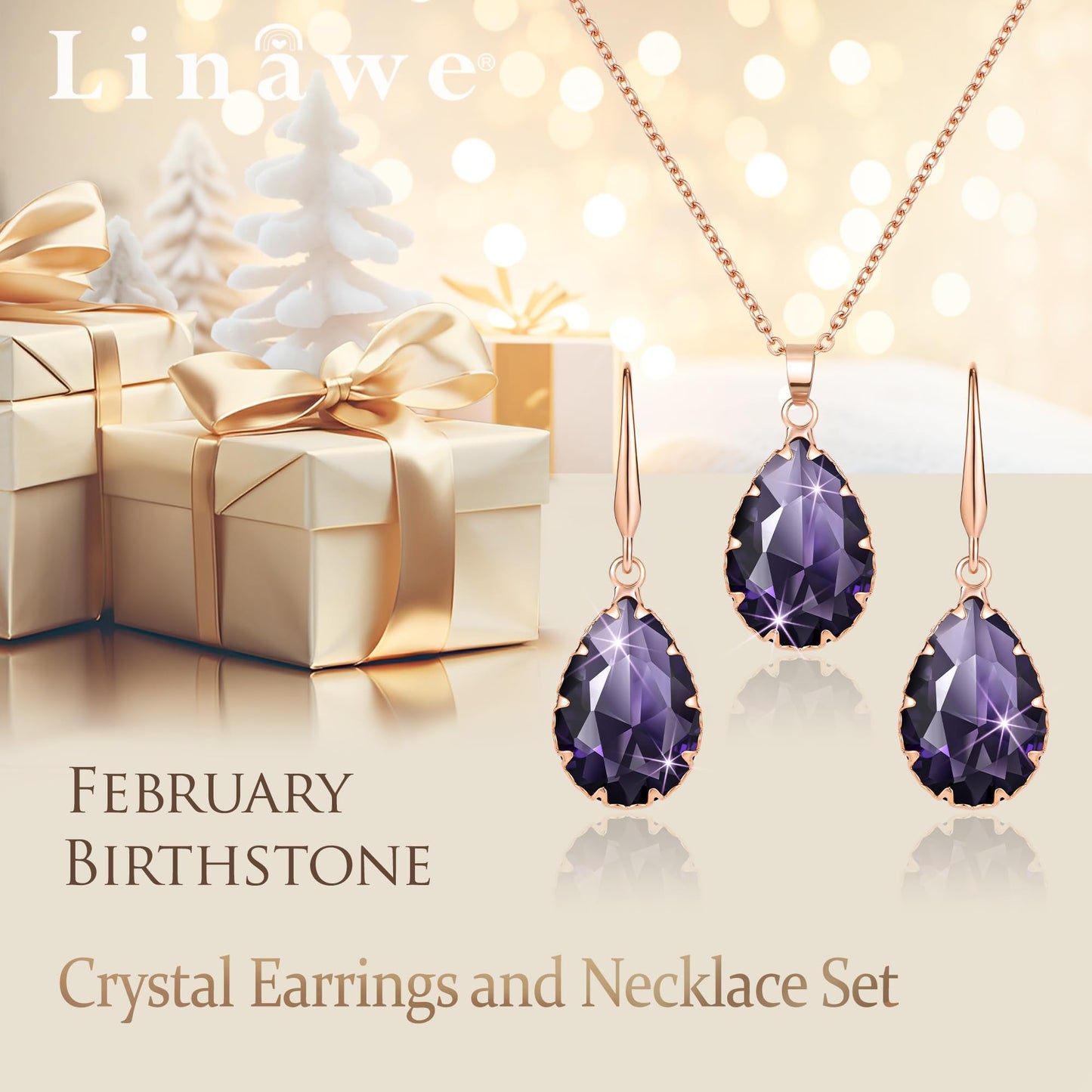 Linawe Amethyst Crystal Rose Gold Jewelry Sets, Purple Pendant Necklace, Lavender Imitation Diamond Rhinestone Dangle Earrings, Boho Wedding Set Teardrop Cubic Zirconia Birthstone
