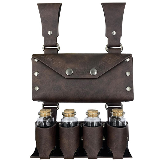 HiiFeuer Medieval Alchemy Faux Leather Belt Bag with 4 Cork Potion Vials, Fantasy Wizard Waist Pouch Side Pack for Ren Faire (Brown A)