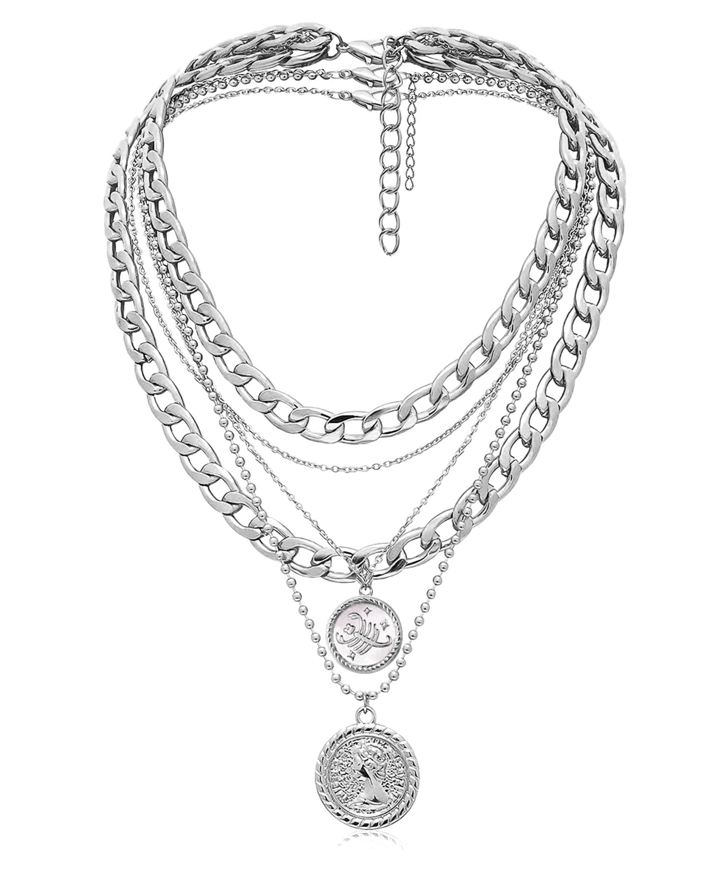 MJartoria Gold Layered Necklaces for Women Trendy Retro Coin Pendant Necklace Dainty Chunky Chain Choker Necklaces for Jewelry Birthday Gifts (Silver, Zodiac-Scorpio-3PCS Layered)