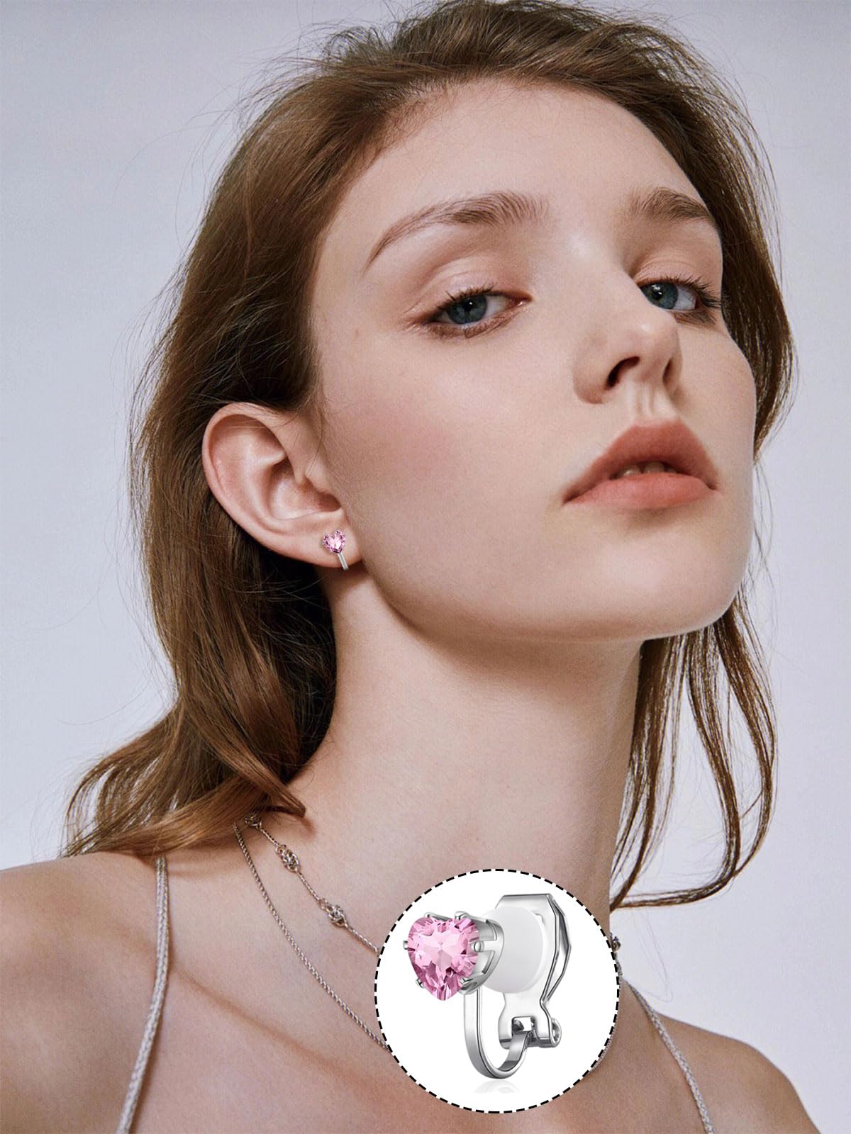 Spiritlele 12 Pairs Birthstone CZ Clip on Stud Earrings Set Heart Cubic Zirconia Clip on Non Piercing Fake Stud Earrings Birthday Gifts Unisex (Love)