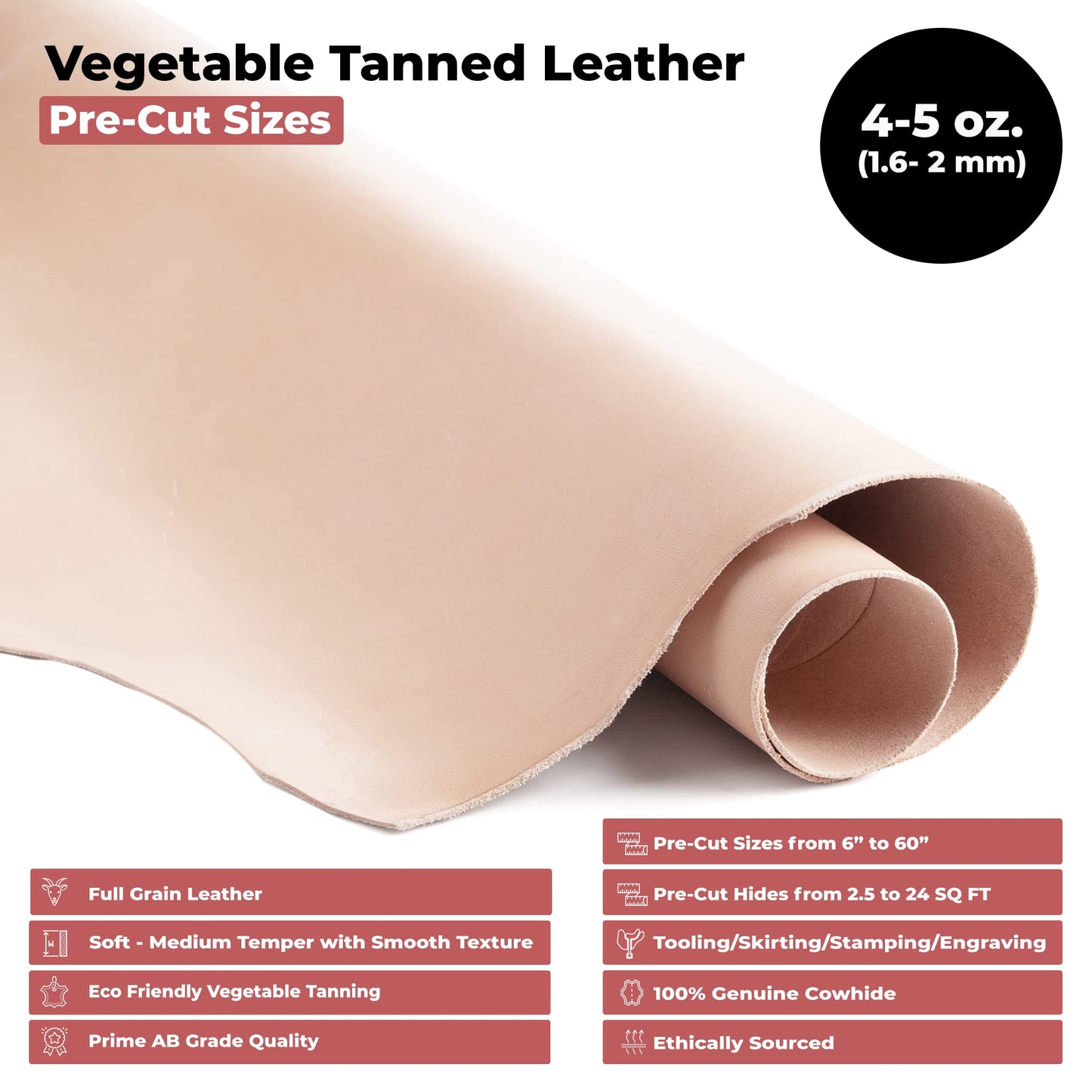 ELW Full Grain Cowhide Leather 4-5 oz [1.6-2mm] Thickness in Pre-Cut Size: 2PC 12"x24", AB Grade Hide Vegetable Tanned Leather Using for Tooling, Carving, Molding, Dyeing Material for Craft, Hobby