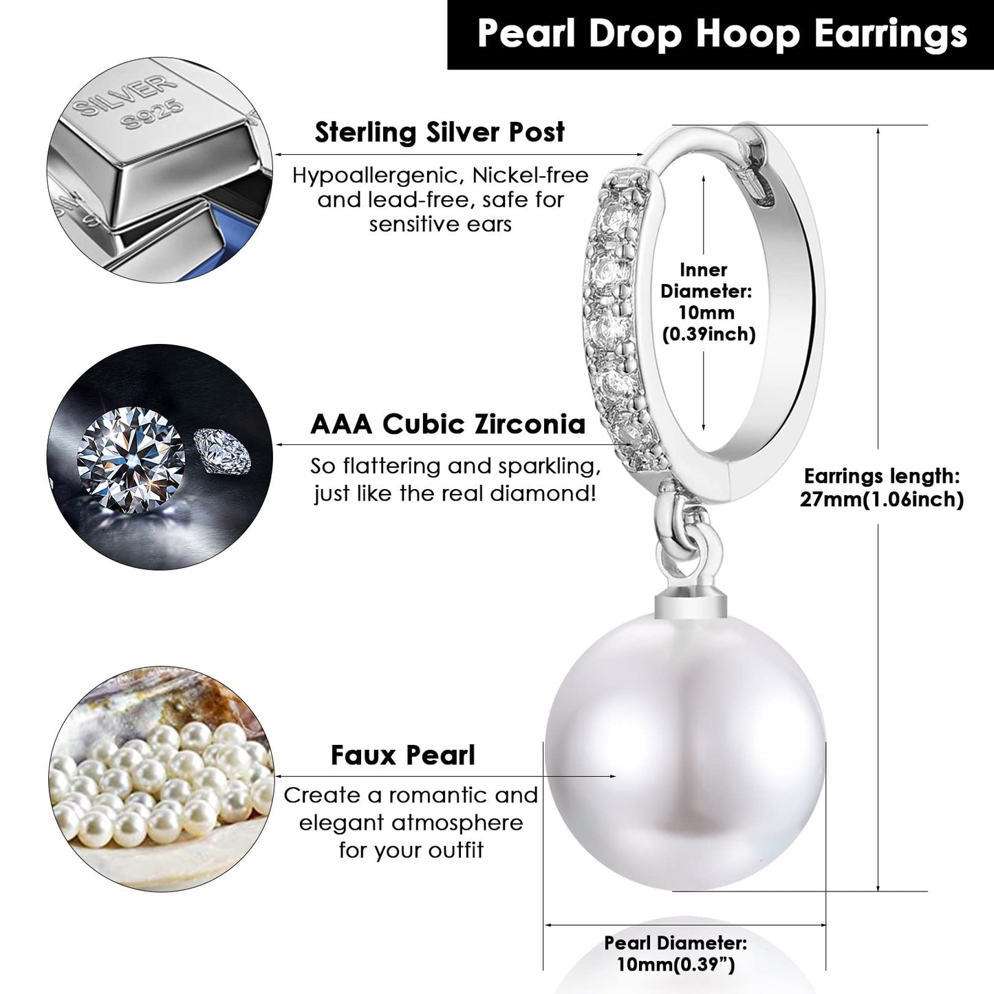 CERSLIMO Pearl Drop Earrings for Women | S925 Sterling Silver Post Simulated Shell Pearl Hoop Dangle Earrings, Hypoallergenic Cubic Zirconia Huggies Earrings Bridesmaid Jewelry