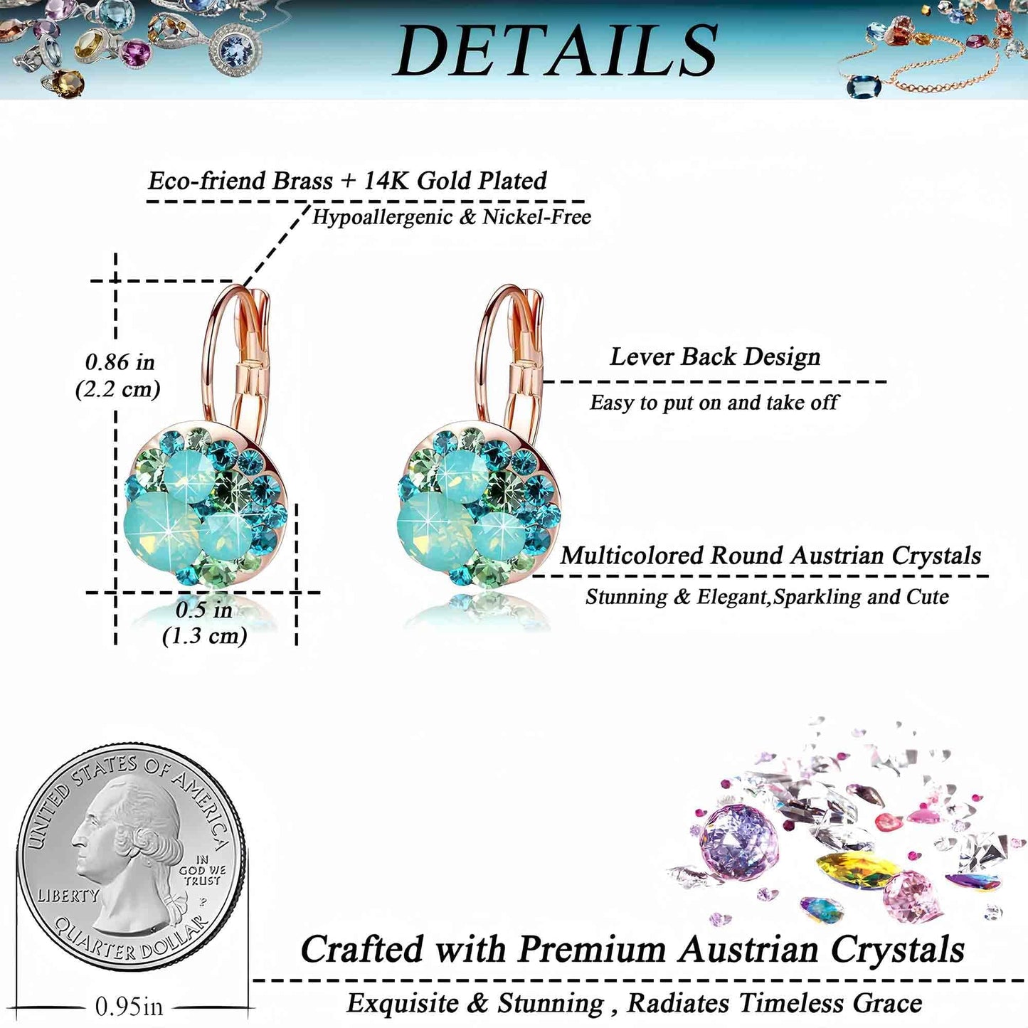 Multicolored Austrian Crystal Drop Earrings for Women 14K Gold Plated Hypoallergenic Leverback Hoop Earrings
