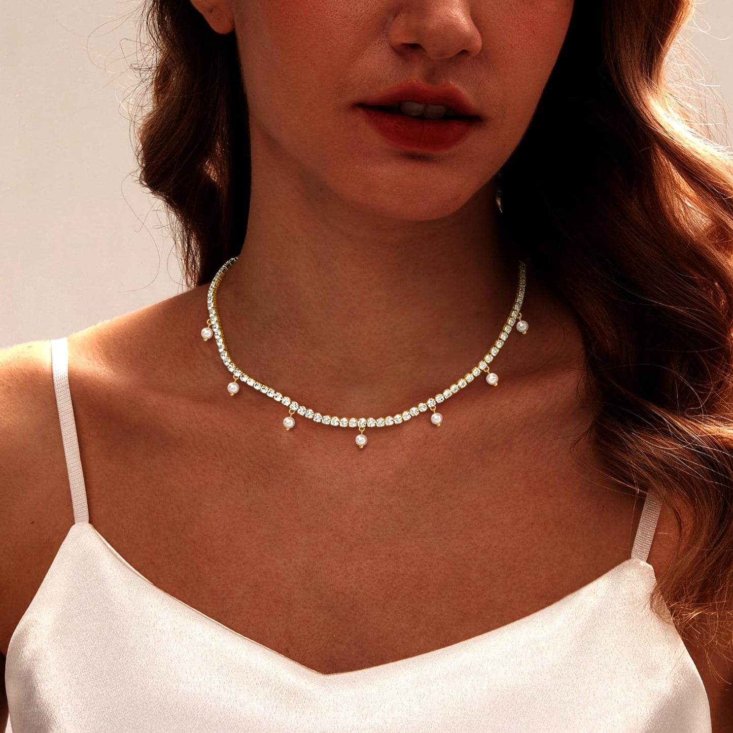 LULII Tennis Necklaces for Women Gold Rhinestone Choker Pearl Charm Necklace Dainty Cubic Zirconia Diamond Chain for Women Gold Jewelry Gift