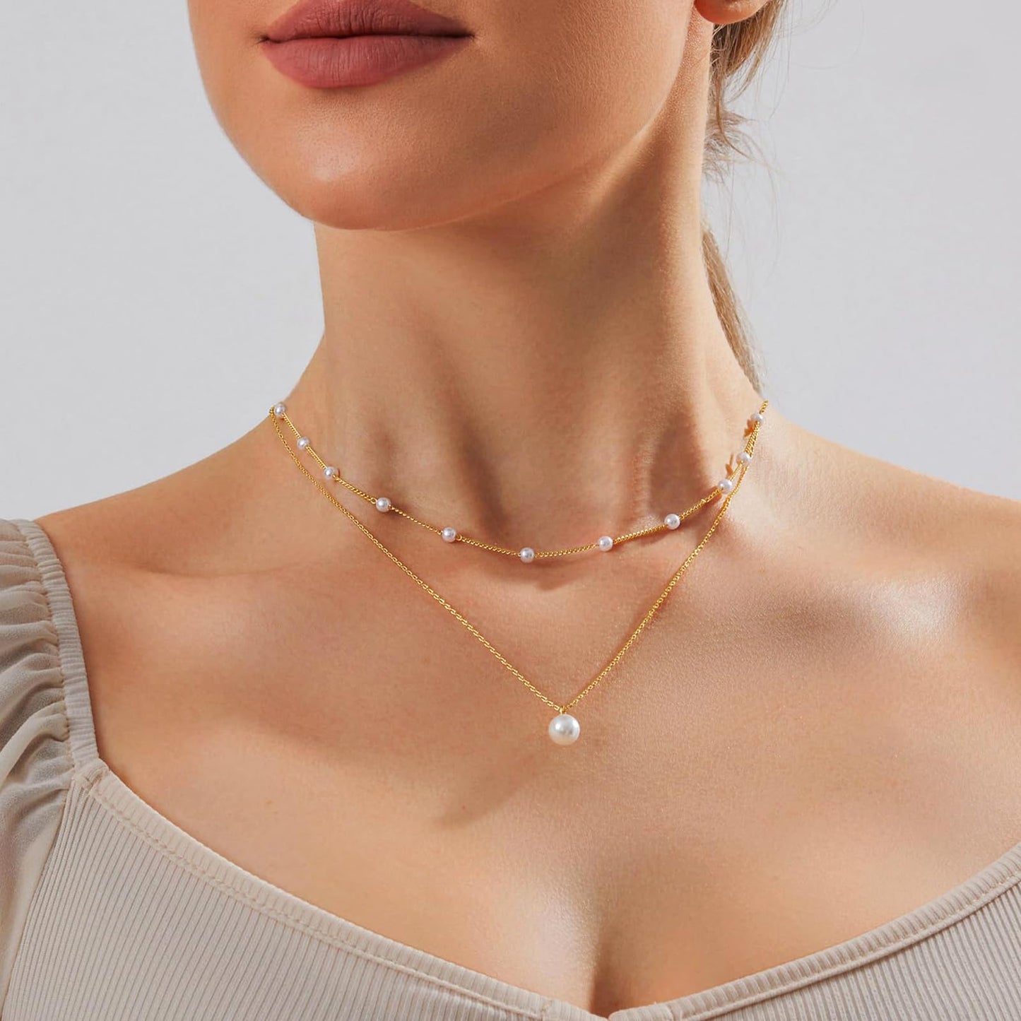 Zeffy Layered Gold Pearl Necklaces for Women 14K Gold Plated Dainty Layered Tiny Single Pearl Choker Trendy Cute Gold Necklace Stack Wedding Jewelry Sets for Women Bridesmaid Gifts 2PCS
