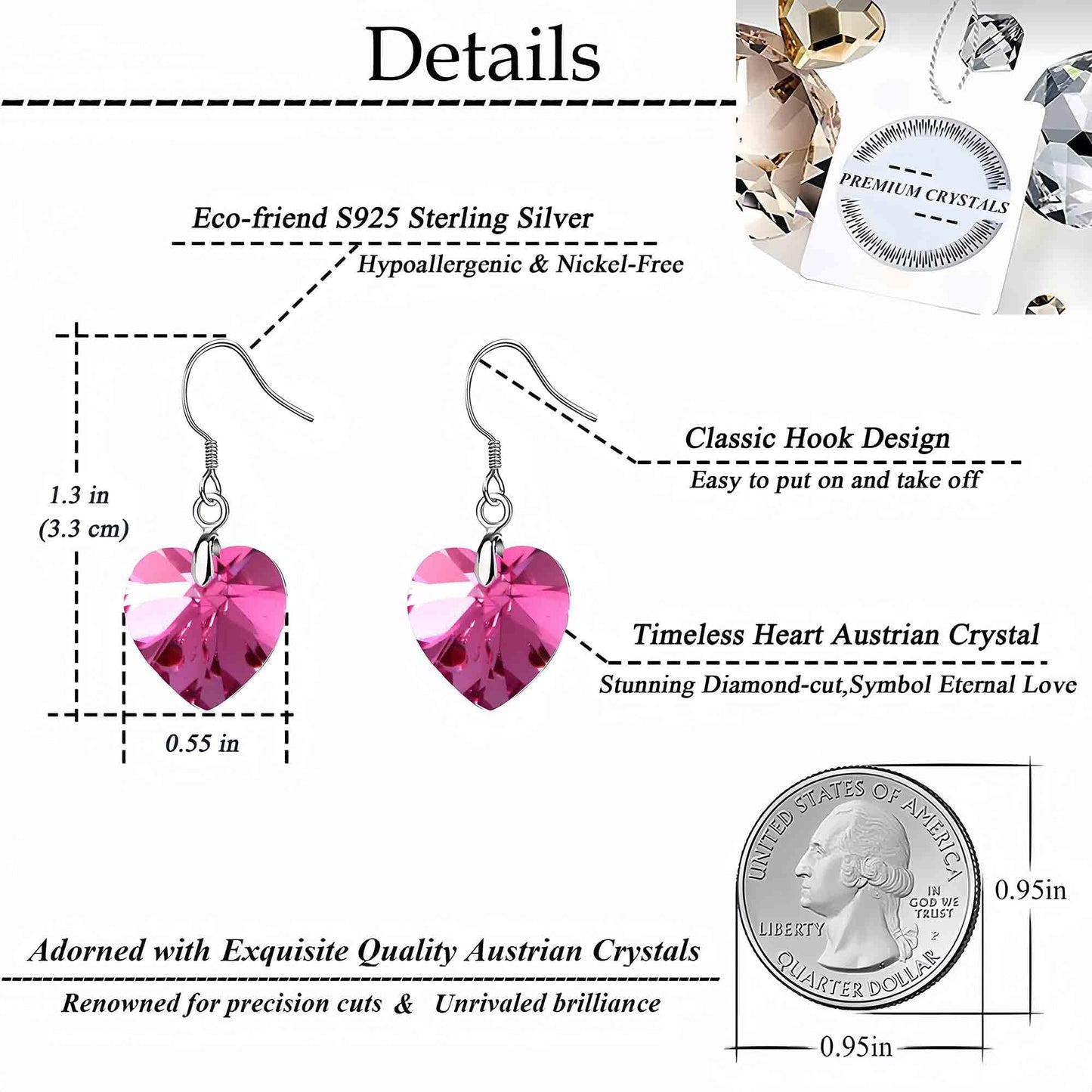 Austrian Crystal Heart Drop Dangle Earrings for Women 925 Sterling Silver Hook Hypoallergenic Earring (Rose Pink)