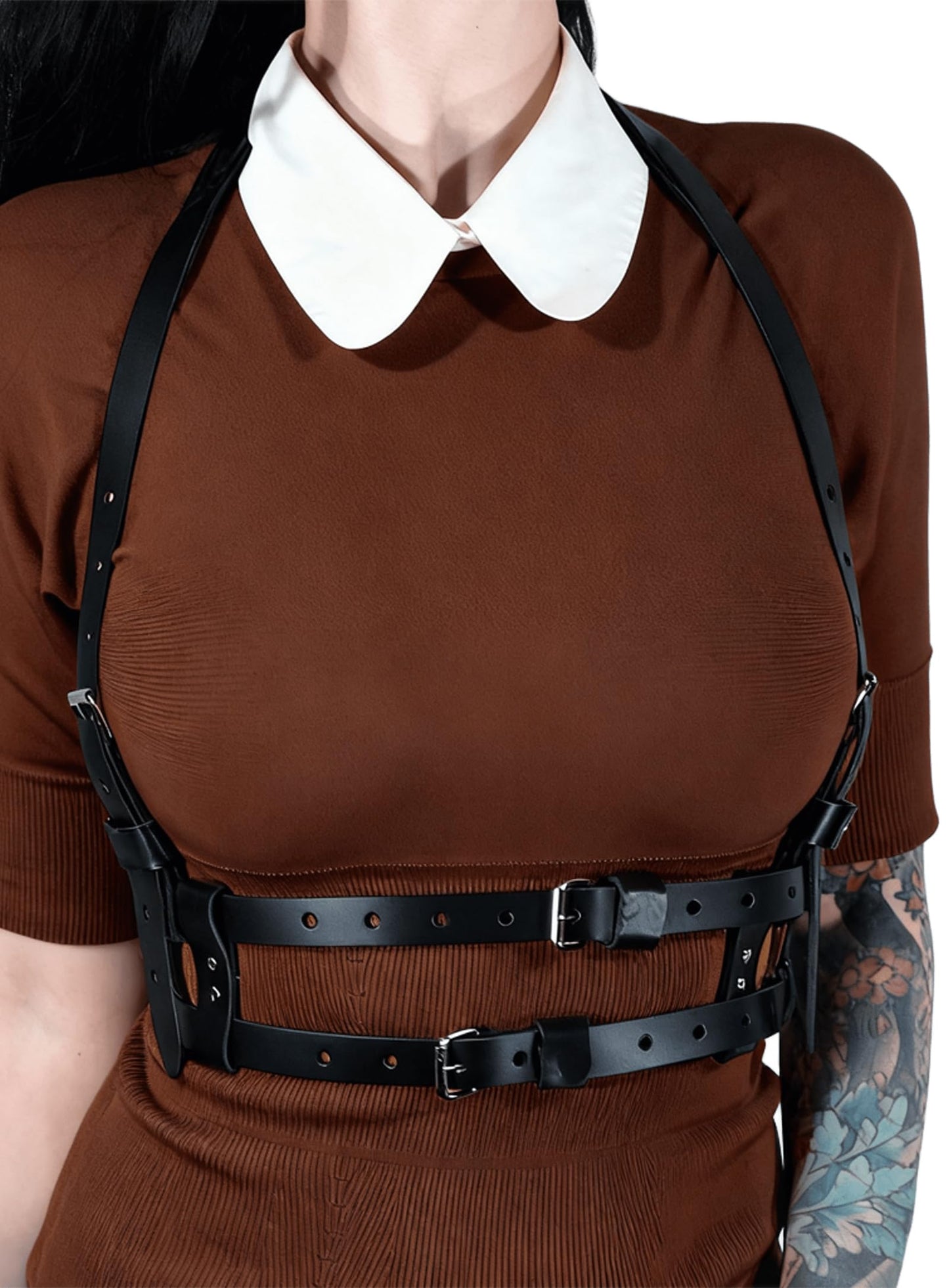 Women Adjustable Faux Leather Harness Belt Punk Fashion Waist Belt with Alloy Buckles Layered Outfit for Dresses Shirts Blazers Street(Waist 39.4-48in)