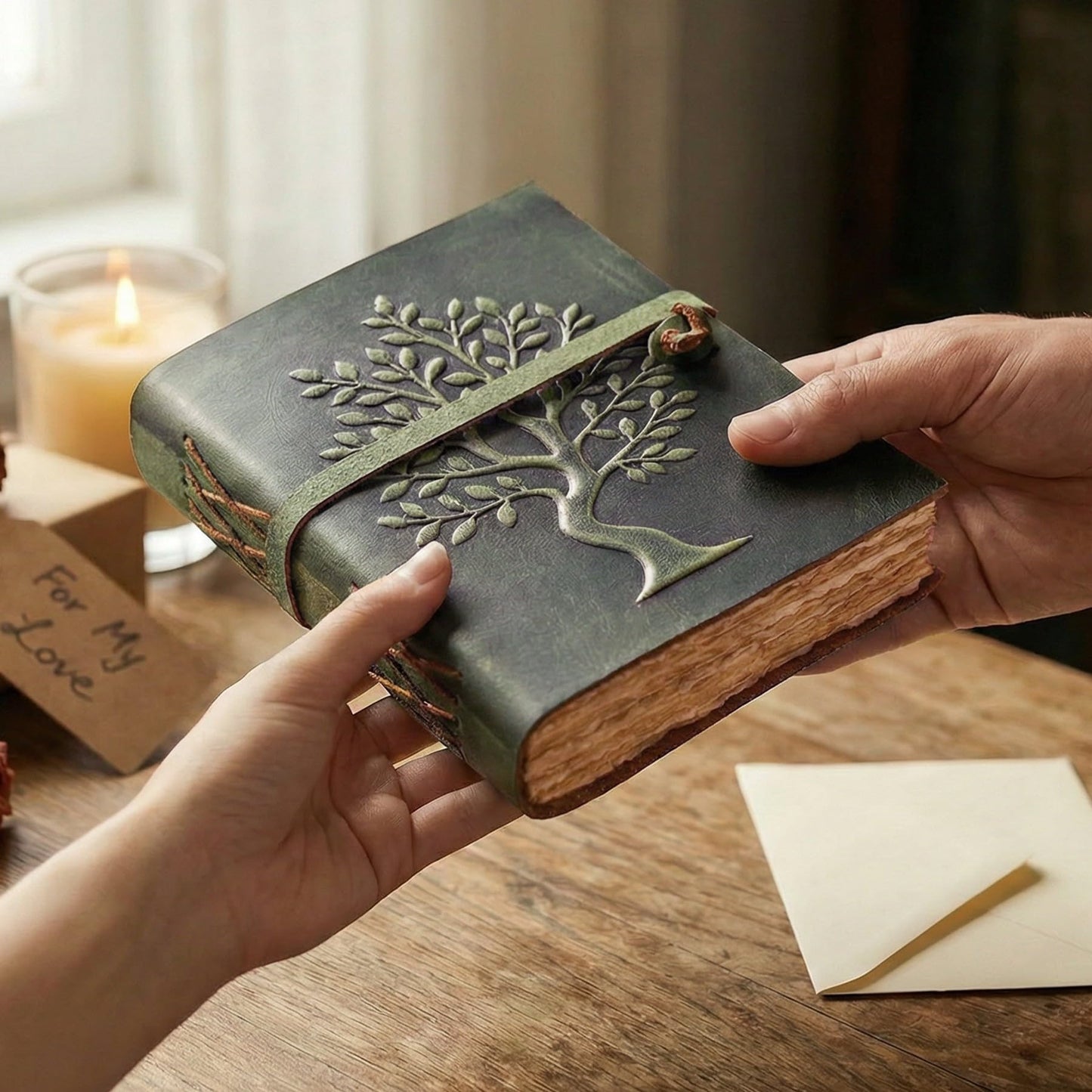 LEATHER VILLAGE Tree of Life Handmade Leather Bound Vintage Journal for Men & Women - 200 Pages Antique Deckle Edge Handmade Paper- Book of Shadow - Green - 6X4 Inches