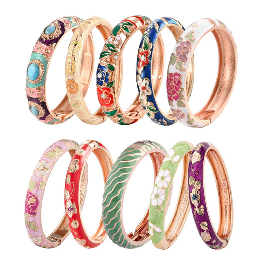 UJOY Random Pack Colors Enamel Jewelry Set Flower Engraved 10 PCS Cloisonne Bracelets in a Box