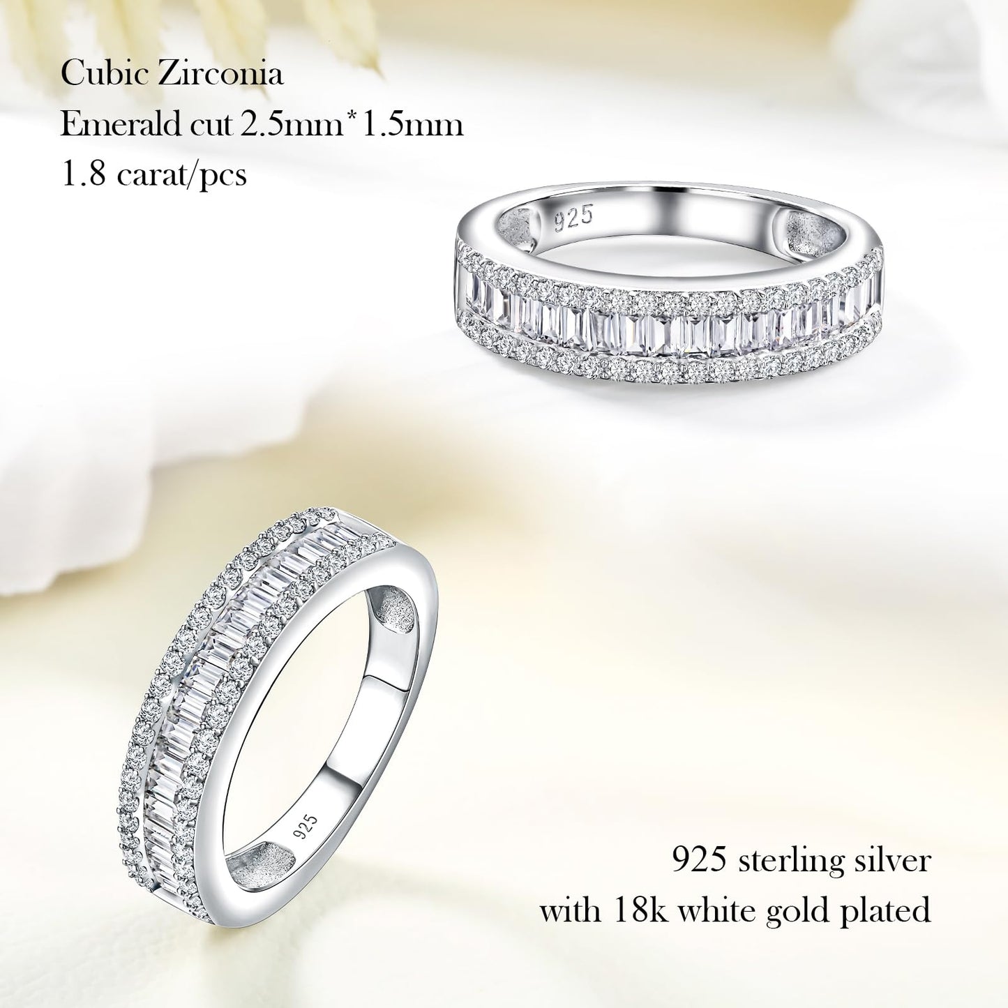 RANDES Cubic Zirconia Eternity Rings for Women Baguette Wedding Band 925 Sterling Silver Channel Set Lab Diamond Ring Size 6.5