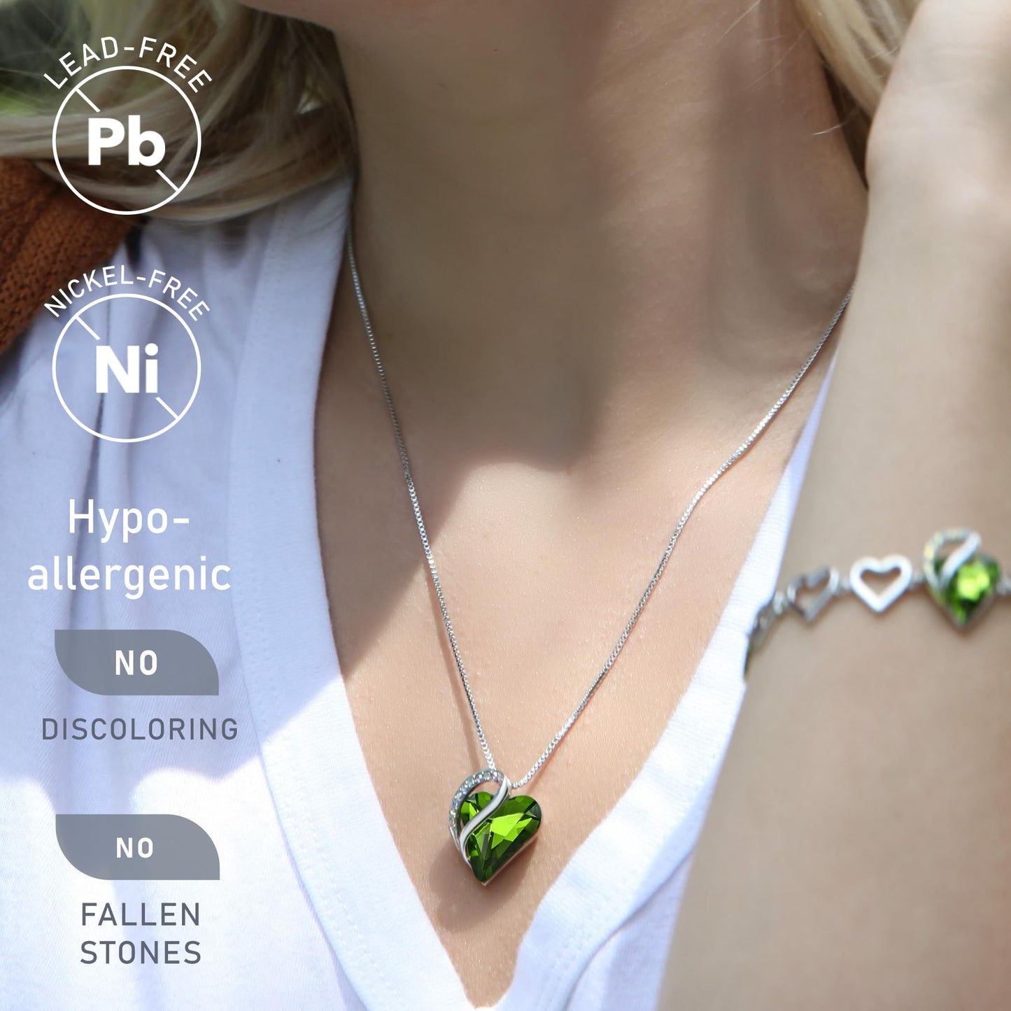 Leafael Mothers Day Gift Necklaces for Women, Infinity Love Birthstone Heart Pendant, Peridot Green Crystal for August, Birthday Jewelry for Her, Mom, and Wife, Silver Plated, 18" + 2" Chain