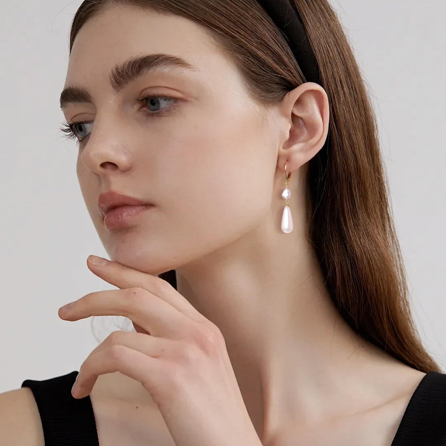 14K Gold Pearl Dangle Earrings for Women 925 Sterling Silver Double Pearl Drop Earrings Leverback Irregular Pearls Hypoallergenic Earring