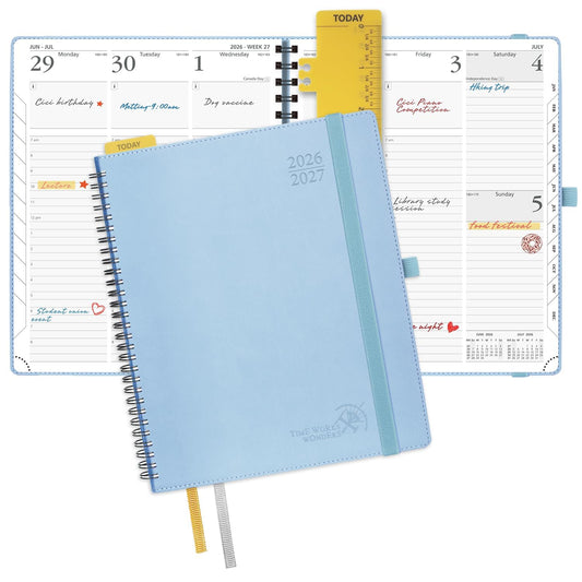 POPRUN Planner 2026-2027 (Large - 8.5'' x 10.5'') Academic Weekly Calendar (July 2026 - June 2027) with Hourly Time Slots, Monthly Tabs, 100GSM Thick Papers, Spiral Leather Cover - Blue