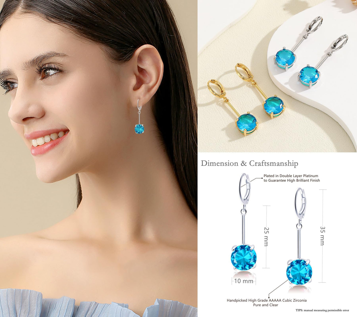 VONSSY Gemstone Drop Dangle Earrings | Platinum/Gold Plated Leverback Crystal Cubic Zirconia Hanging Red/Pink/Blue Earrings (Blue-Platinum)