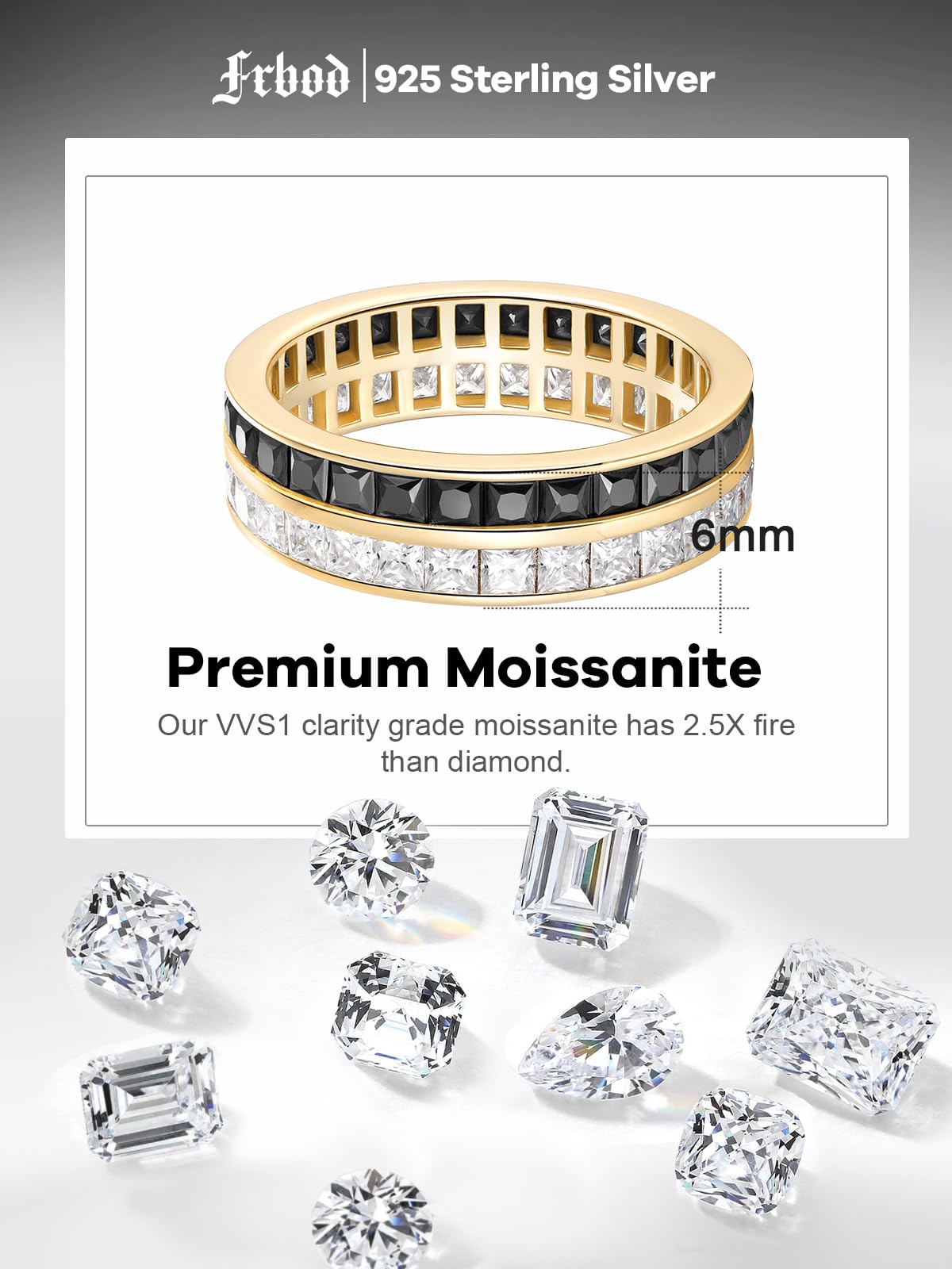 Frbod Women's Moissanite Rings Black Diamond Wedding Ring Engagement Jewelry for Wife Silver Gold Plated Band Size 8
