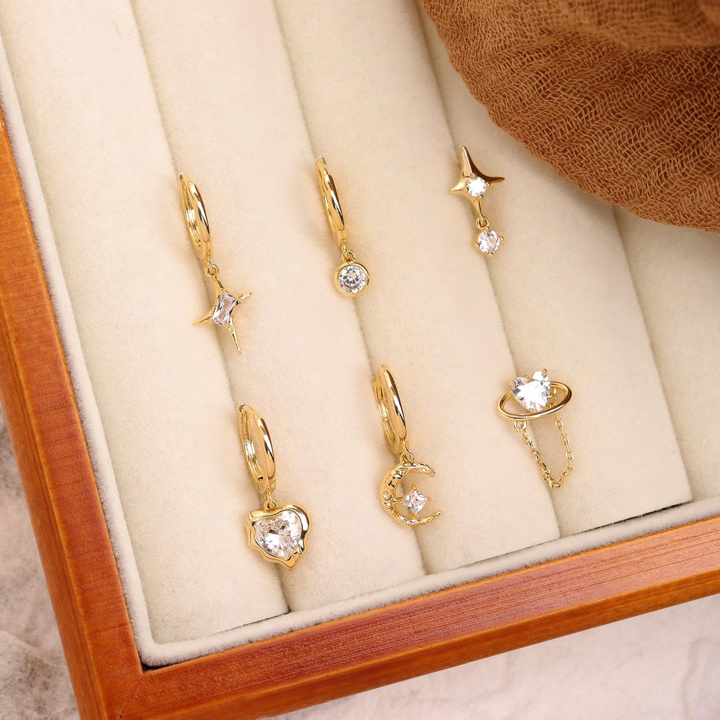Frigotine 3PCS Gold Heart Hoop Stud Earrings Stack Set for Women, Dainty Rhinestone Star Moon Planet Chain Love Multiple Piercing Cartilage Prom Fashion Jewelry Gift