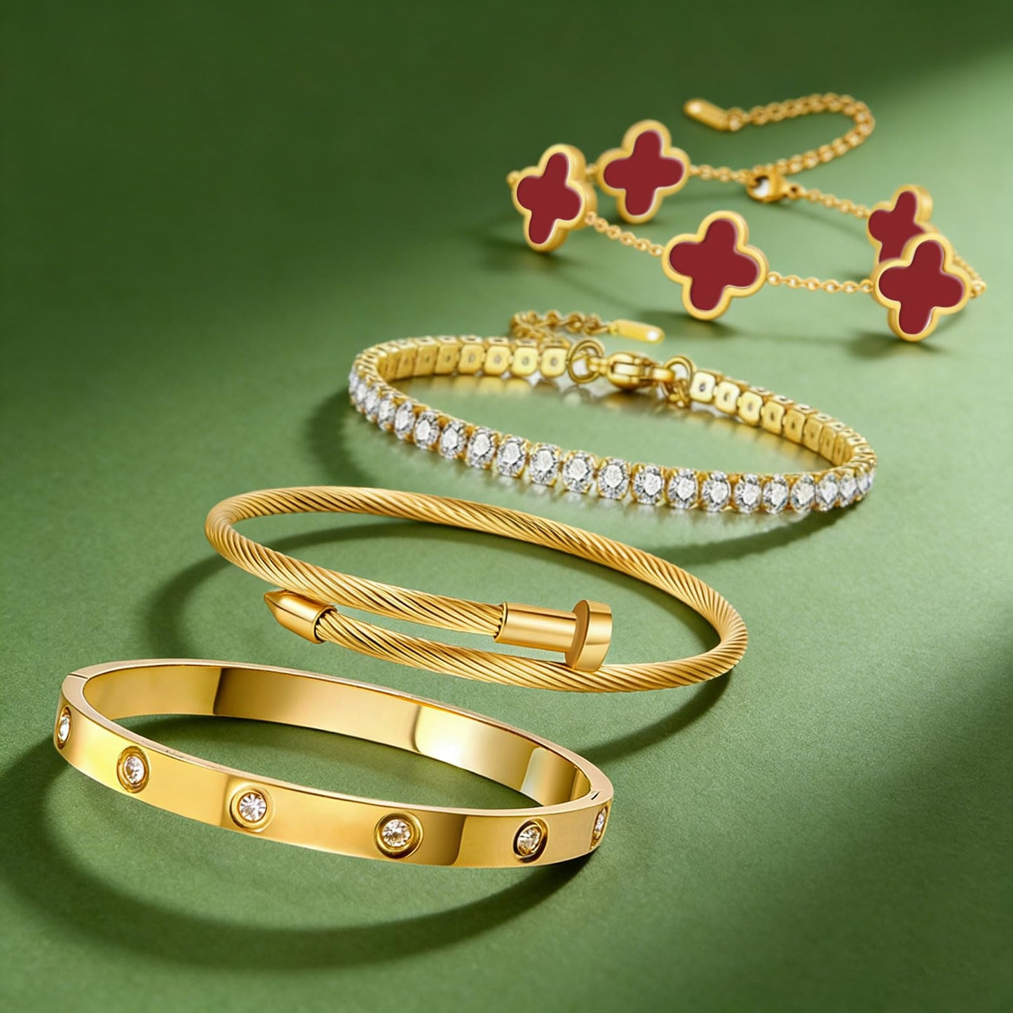 Gold Bracelets for Women, 18K Gold Plated Women Tennis Bracelets Clover Nail Love Bangle Bracelet Set, Gold Bracelet Stackable Set Trendy Jewelry, Gifts for Women's Day and Mother's Day (12-Color- 4 Red)
