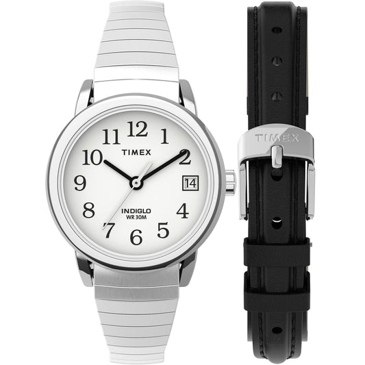 Timex Women's Easy Reader 25mm Watch Box Set – Silver-Tone Case White Dial with Tapered Expansion Band + Black Leather Strap