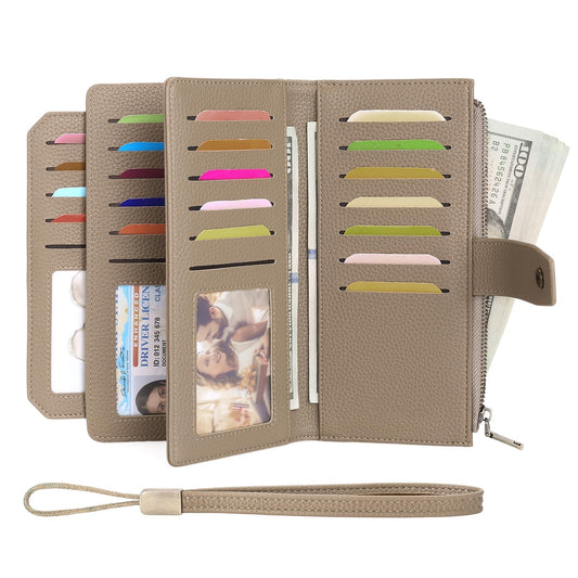 GAEKEAO Womens Wallet RFID Blocking Large Capacity Vegan Leather Card Holder Wristlet Clutch with 32 Card Slots 4 ID Windows