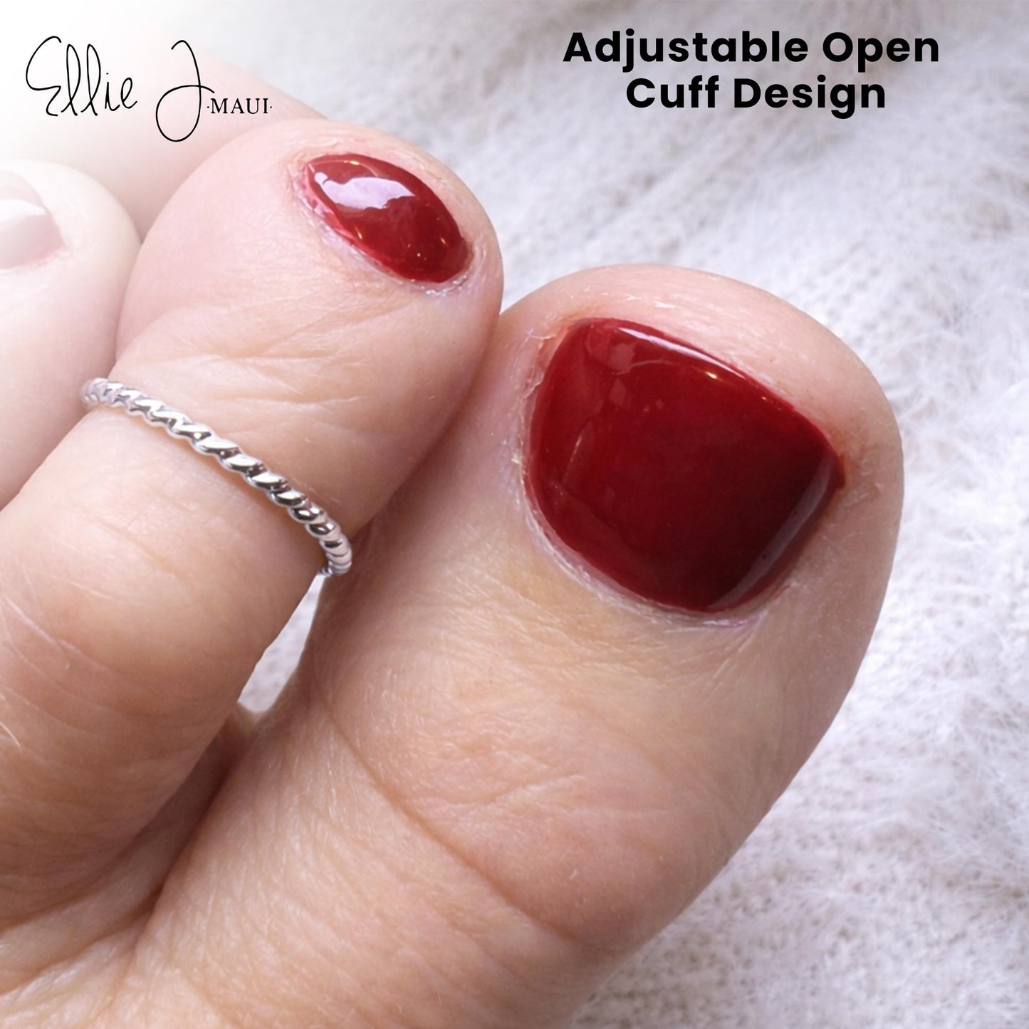 Ellie J Maui 925 Sterling Silver Adjustable Toe Ring – Rope Twist Design | Non-Tarnish Open Cuff | Handmade Minimalist Toe Jewelry for Women | Waterproof, One Size Fits Most (Single Sterling Silver)
