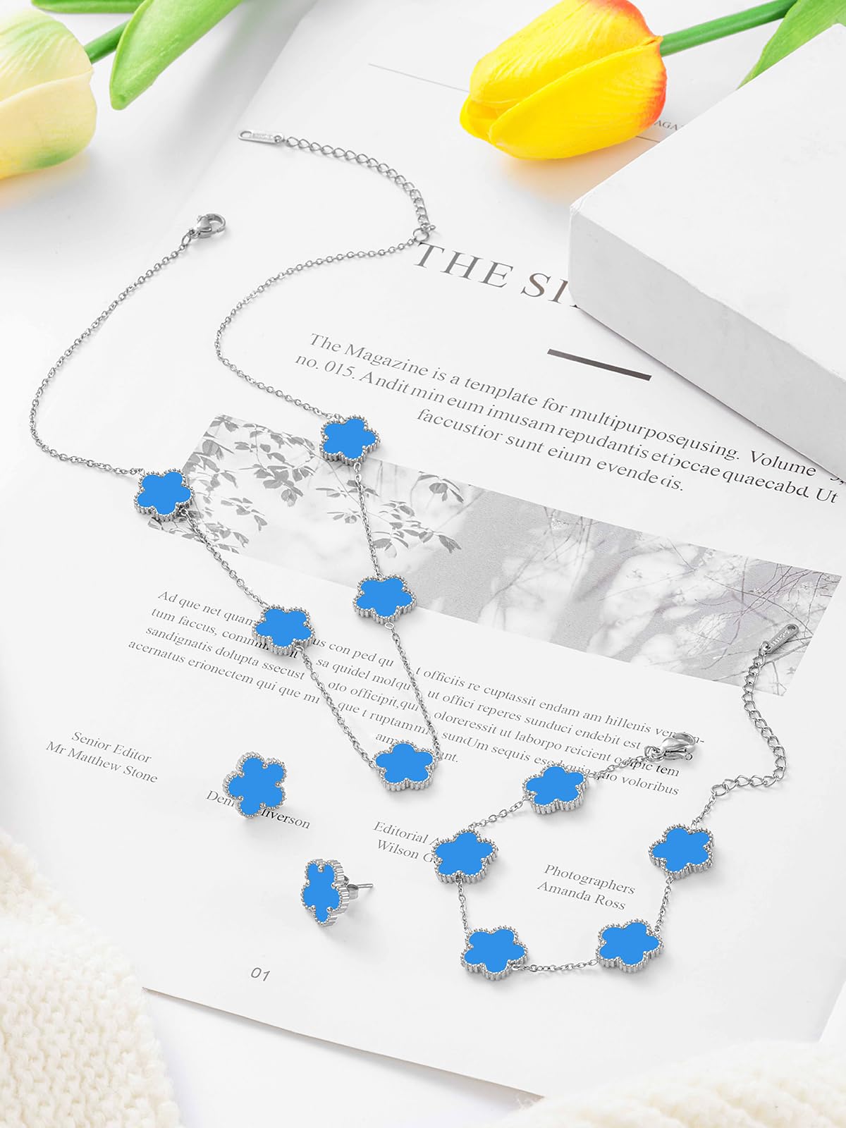 Qinpan Five Leaf Clover Necklace Bracelet and Stud Set for Women Lucky Flower Jewelry (Blue-Stainless Steel)