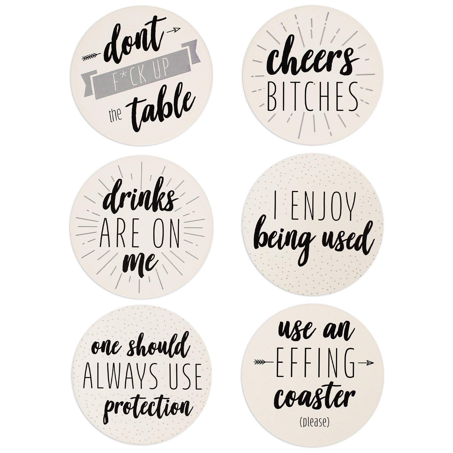 LotFancy 6PCS Ceramic Coasters with Cork Base, Round Coasters with 6 Humorous Sayings, Non-Slip, Bar Room Decor, Housewarming Gift