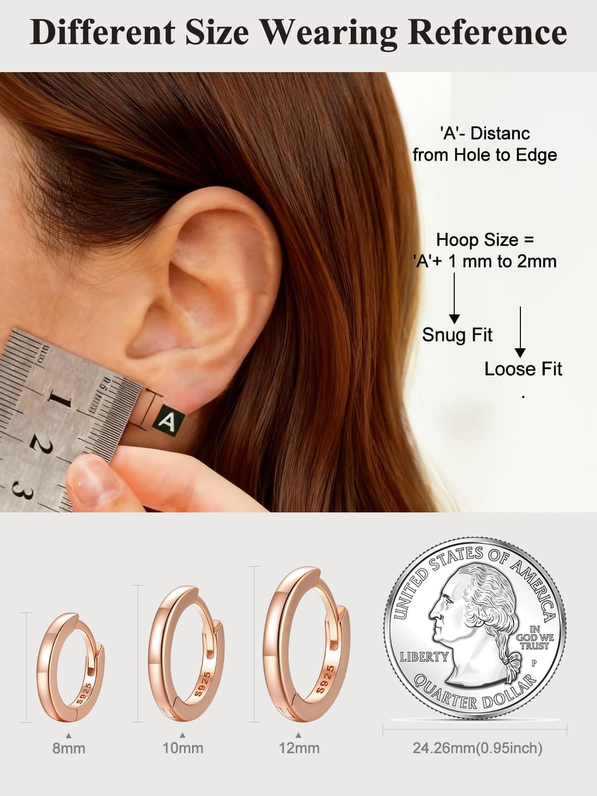 SILVERCUTE 925 Sterling Silver Huggie Hoop Earrings for Women,Hypoallergenic Rose Gold Small Hoop Earring Cartilage Earring Lightweight Huggies Earrings for Women,8/10/12mm