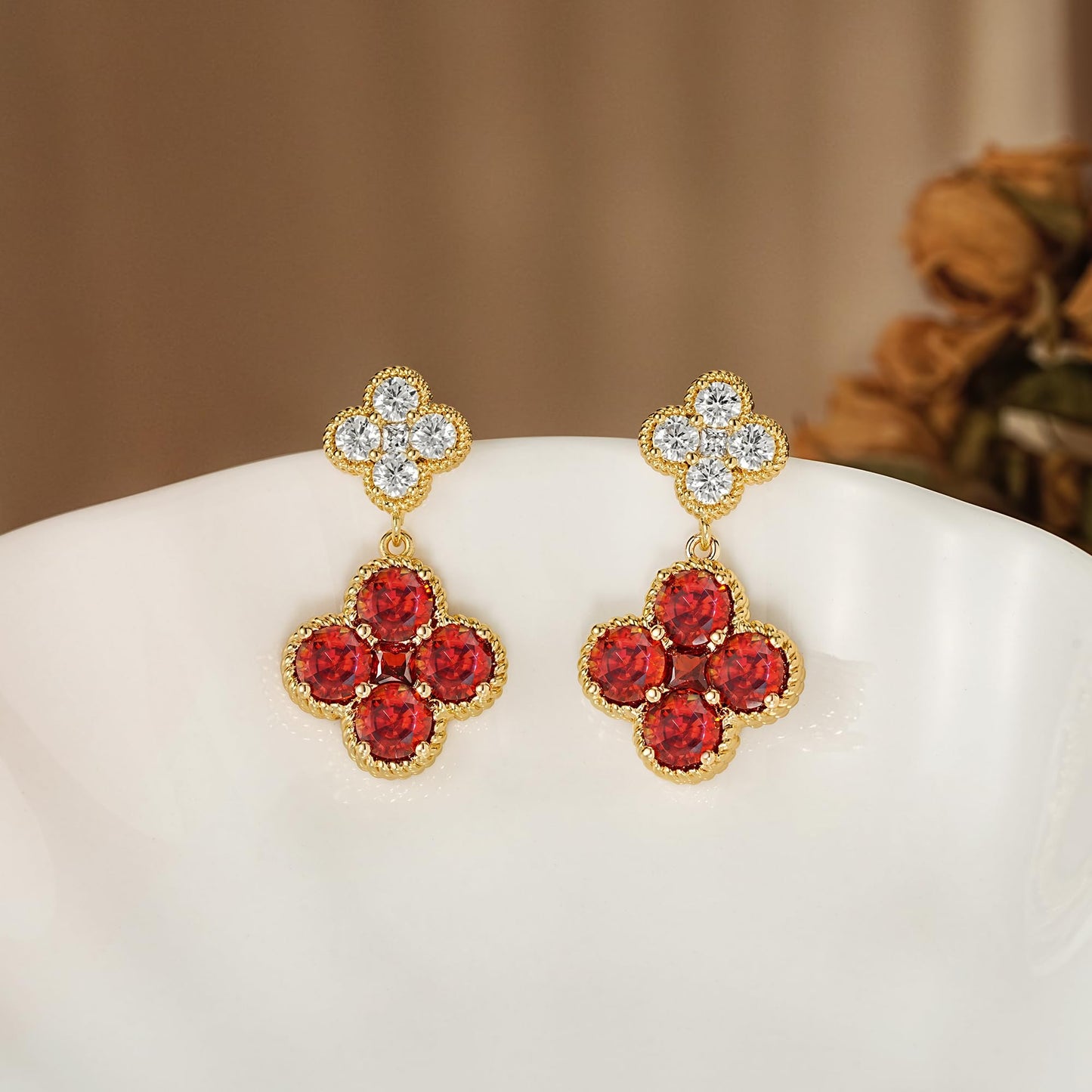 MTMY Dangle Earrings for Women 14K Gold Plated Four Leaf Clover Dangling Drop Birthstone Stud Earrings Trendy Flower Birthstone Jewelry Birthday Gifts(January)