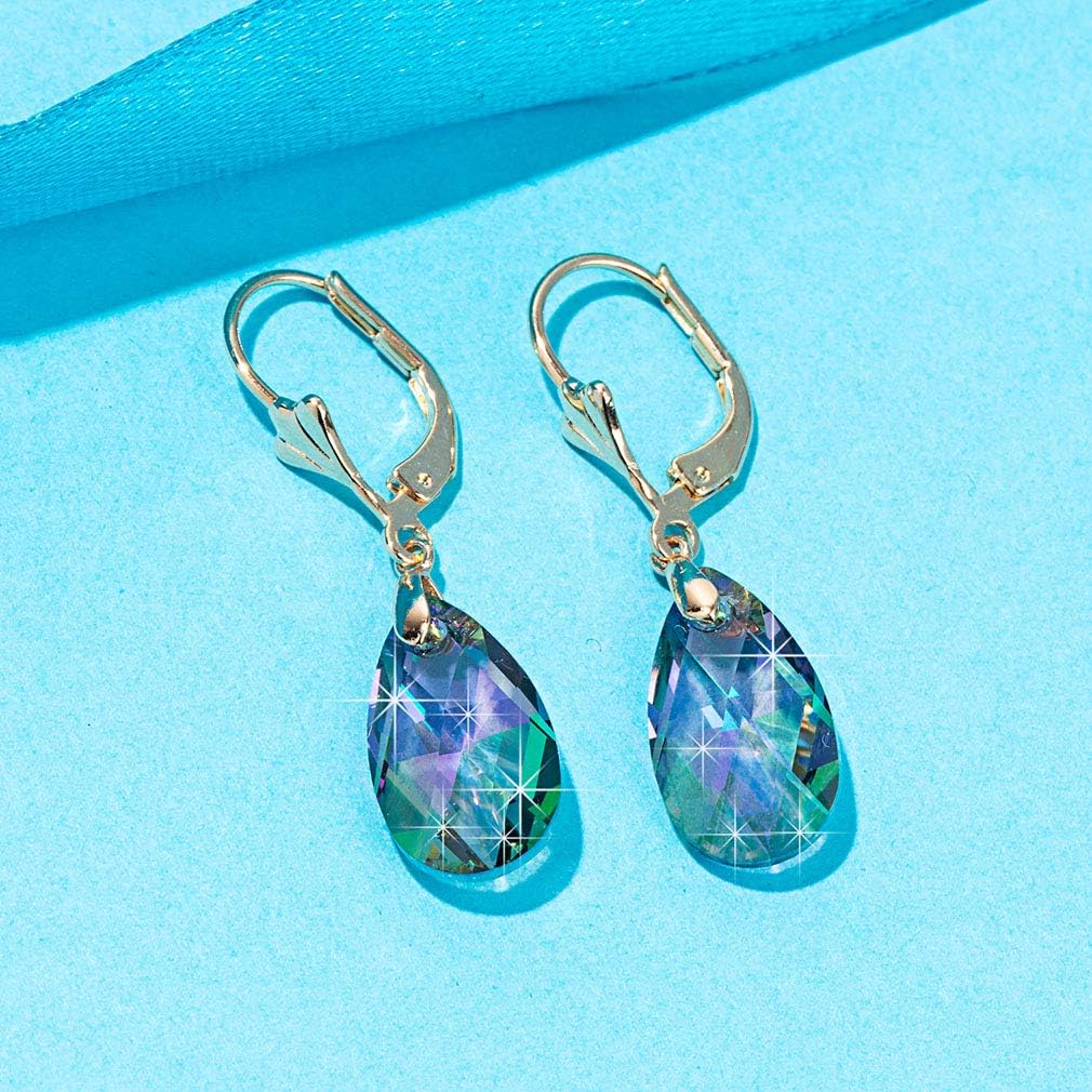 Austrian Crystal Teardrop Leverback Dangle Earrings for Women Fashion 14K Gold Plated Hypoallergenic Jewelry (Rainbow)