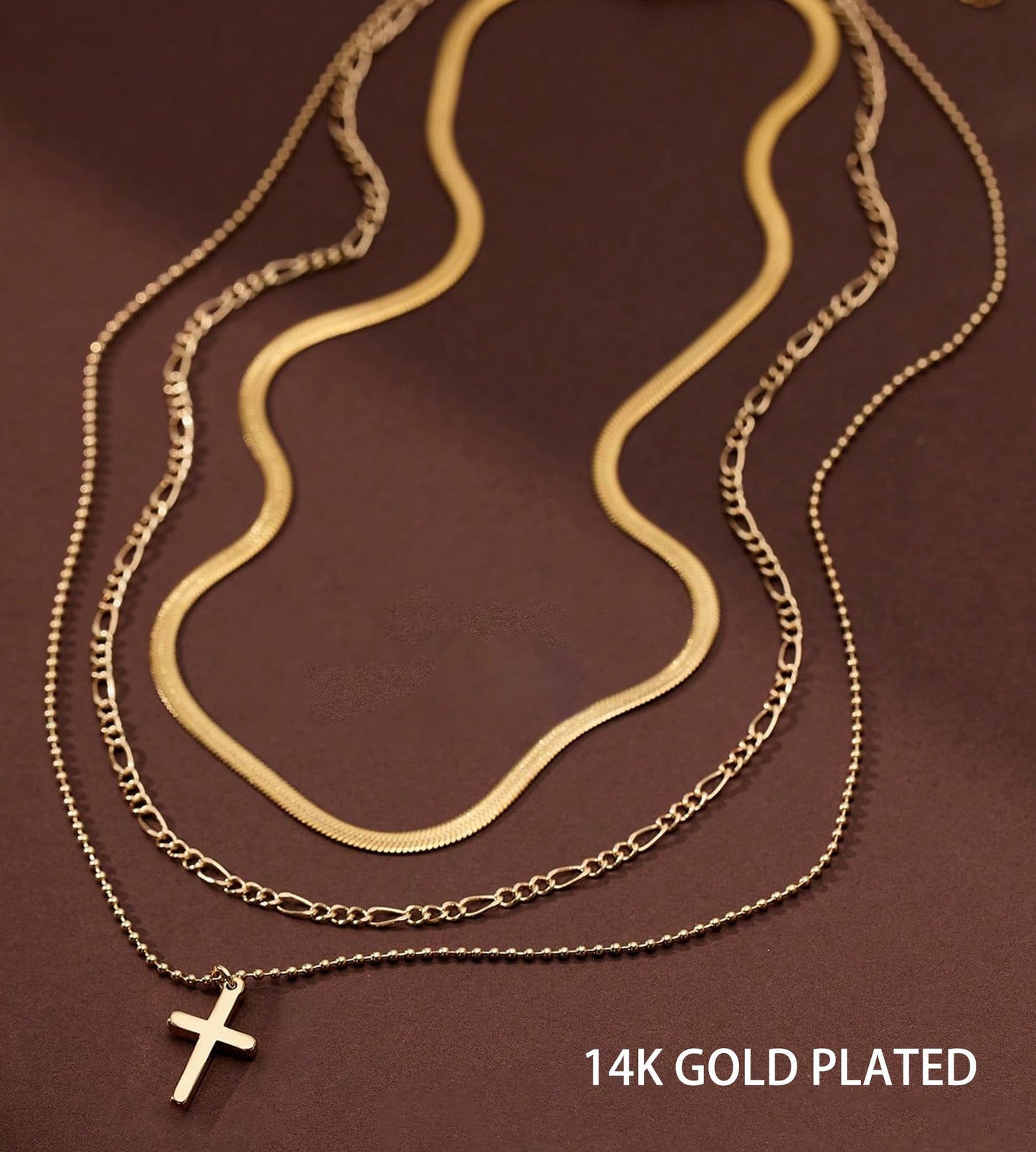 YEEZII Layered Gold Necklaces for Women Trendy, 3 Pcs 14K Gold Plated Choker Paperclip Box Chain Necklace, Stackable Women's Gold Pendant Necklaces Jewelry Set (Gold-3 pcs-Cross)