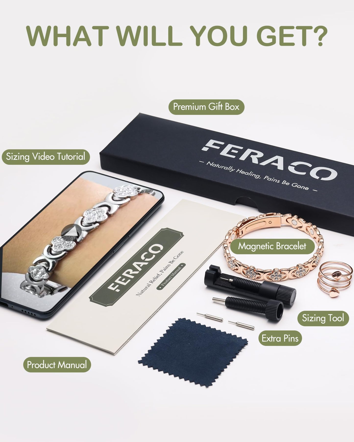 Feraco Pure Copper Bracelets & Rings for Women, Ultra Strength Magnetic Bracelet for Women with Neodymium Magnets & Sparkling Cubic Zirconia, Adjustable, Infinite Clover Jewelry (Rose Gold)