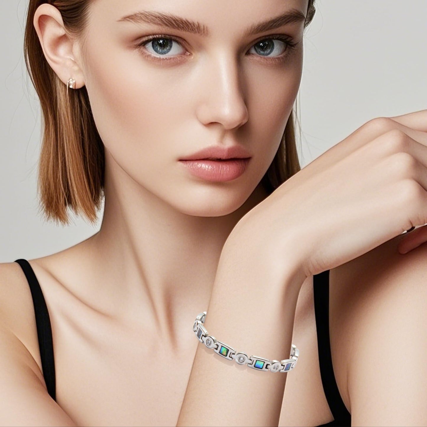 KYOSI Magnetic Bracelets for Women 3500 Gauss Magnet Fashion Zircon and Shell Womens Stainless Steel Bracelet Jewelry 7.48 inches