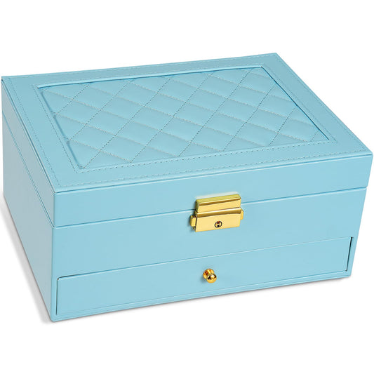 Unimoly 2-Layer Jewelry Box for Women, Jewelry Organizers and Storage with Removable Jewelry Tray, Vintage Quilted Top Lockable Jewelry Holder Gift Idea Sky Blue