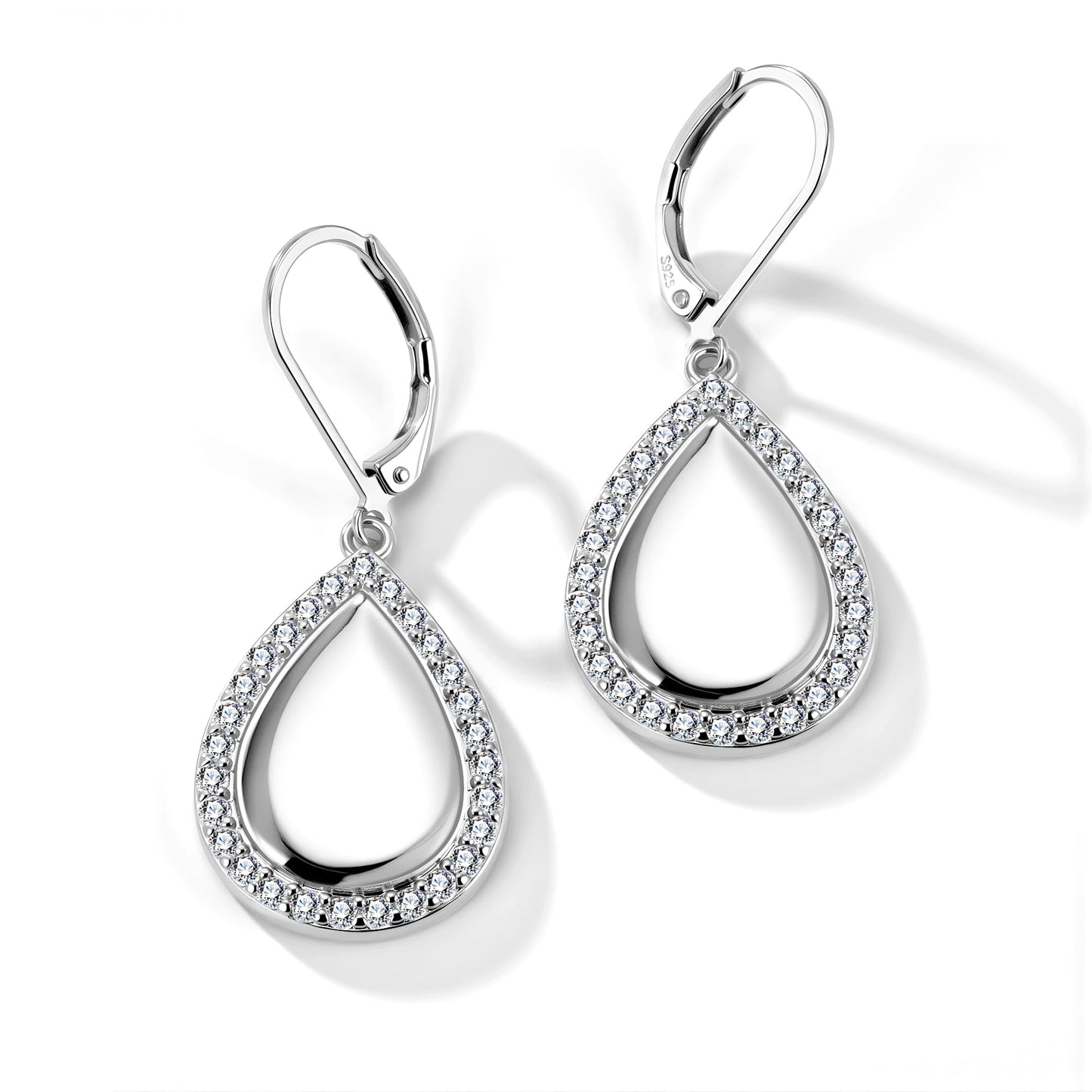 Waterdrop Sterling Silver Dangle Earrings, LANCHARMED 925 Sterling Silver Drop Earring with Cubic Zirconia Large Teardrop French Hook Leverback Dangle Earrings for Women Trendy Statement Jewelry