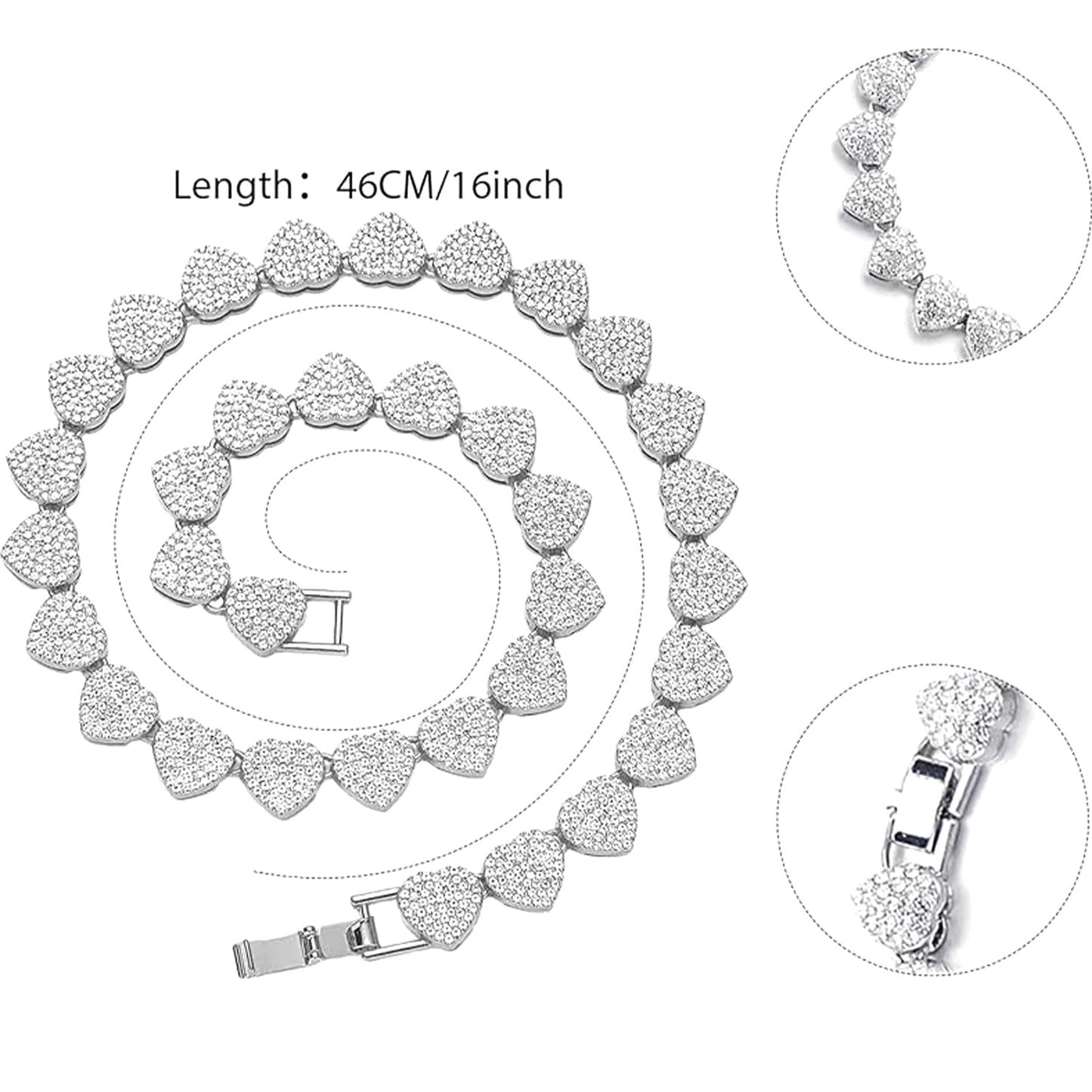 Zeffy Diamond Tennis Necklaces for Women Cuban Link Chain Cute Heart Necklace Silver Rhinestone Cuban Necklace Sparkly Diamond Choker Necklaces for Women Trendy Tennis Bridal Wedding Jewelry Gifts