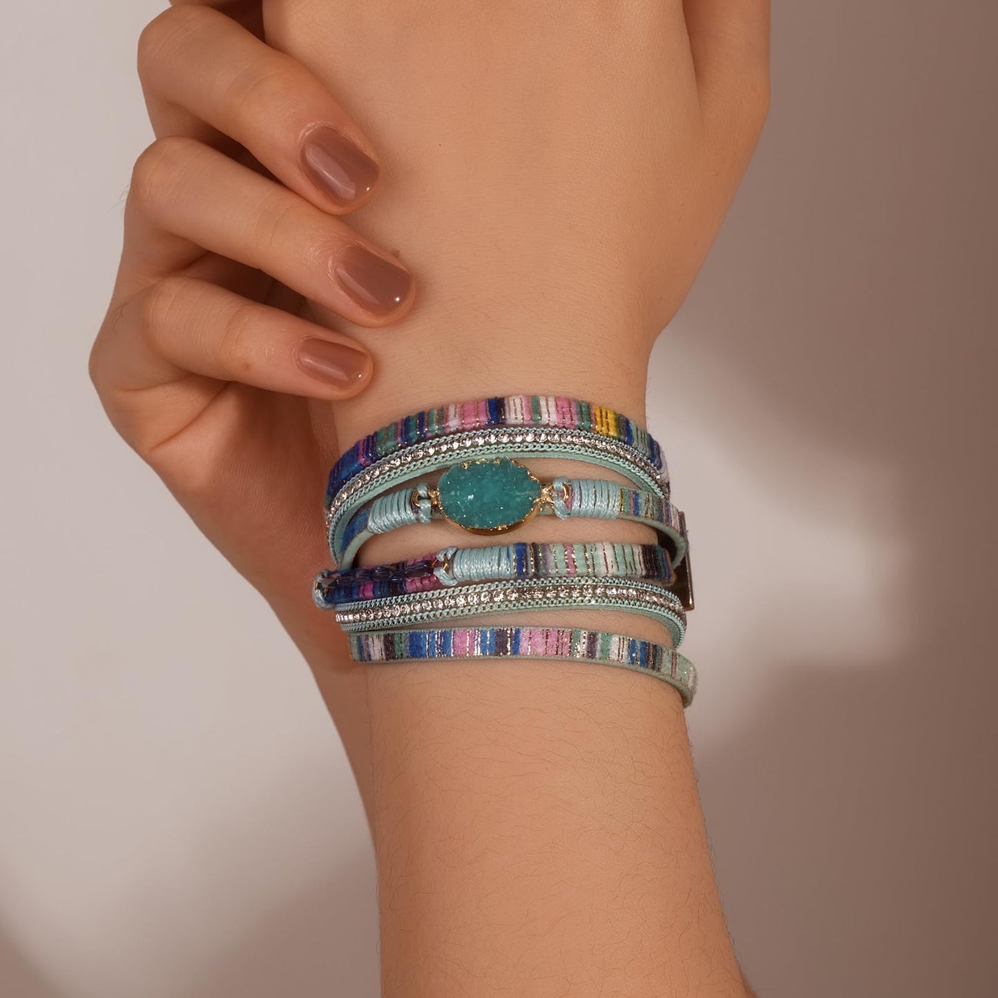 FANCY SHINY Boho Leather Wrap Bracelet Stackable Chunky Crystal Cuff Bracelets with Magnetic Clasp Cowboy Cowgirl Western Summer Beach Outfits Jewelry Gifts for Women (14.7", Boho Blue)