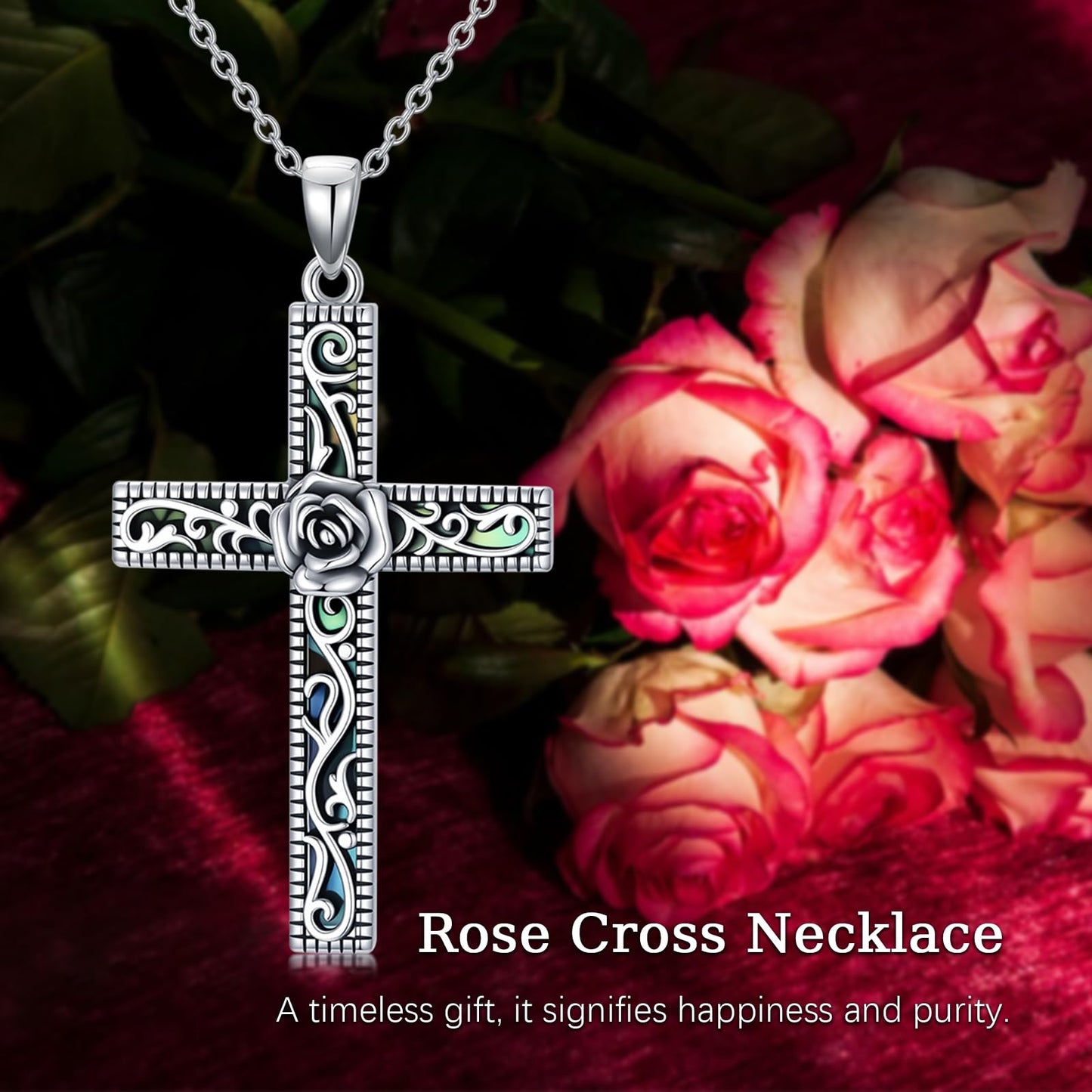 KoyeKei Rose Cross Necklace for Women 925 Sterling Silver Rose Flower Necklaces Pendant Filigree Christian Religious Faith Jewelry Mothers Day Graduation Gifts for Mom Wife Friend