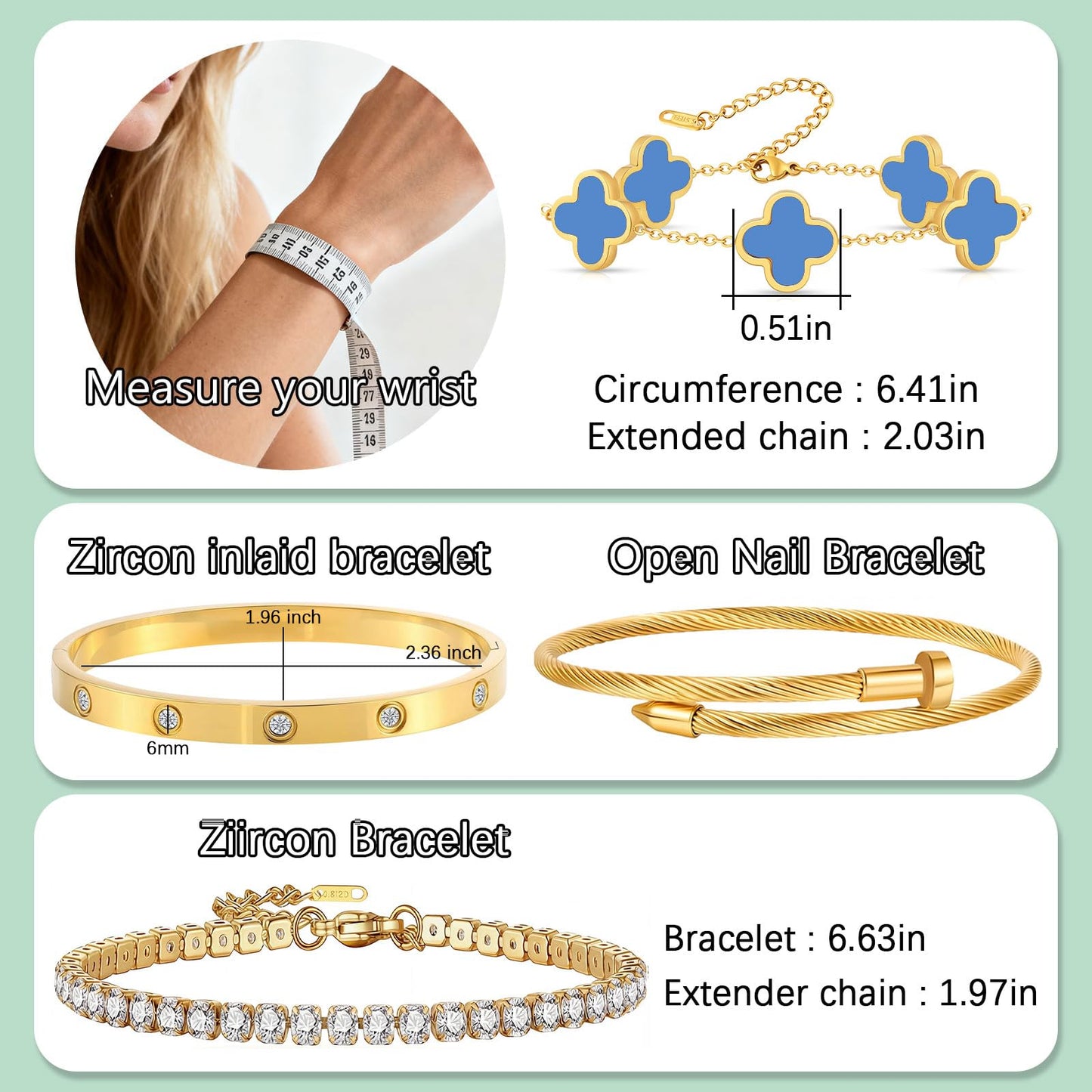 Gold Bracelets for Women, 18K Gold Plated Women Tennis Bracelets Clover Nail Love Bangle Bracelet Set, Gold Bracelet Stackable Set Trendy Jewelry, Gifts for Women's Day and Mother's Day (13-Color- 4 Blue)