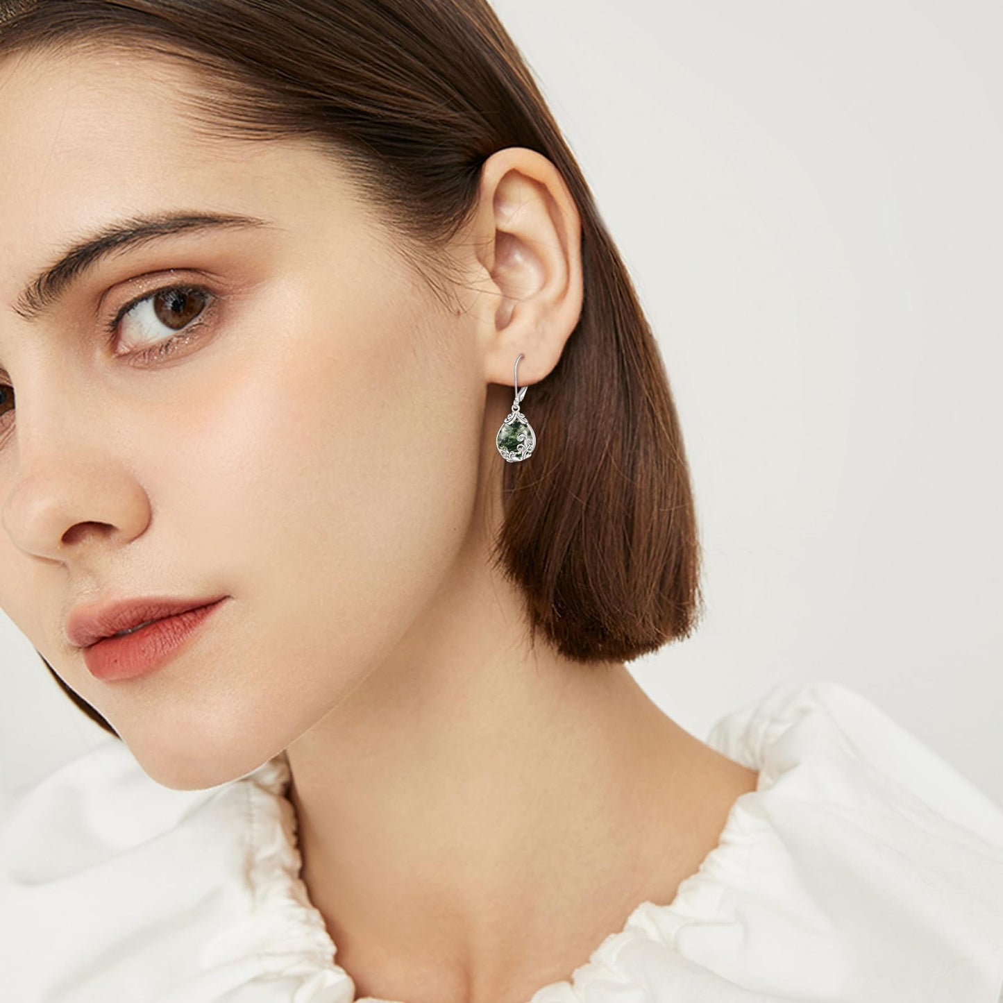 POPLYKE Moss Agate Filigree Teardrop Drop Dangle Earrings Sterling Silver Leverback Earrings Jewelry for Women