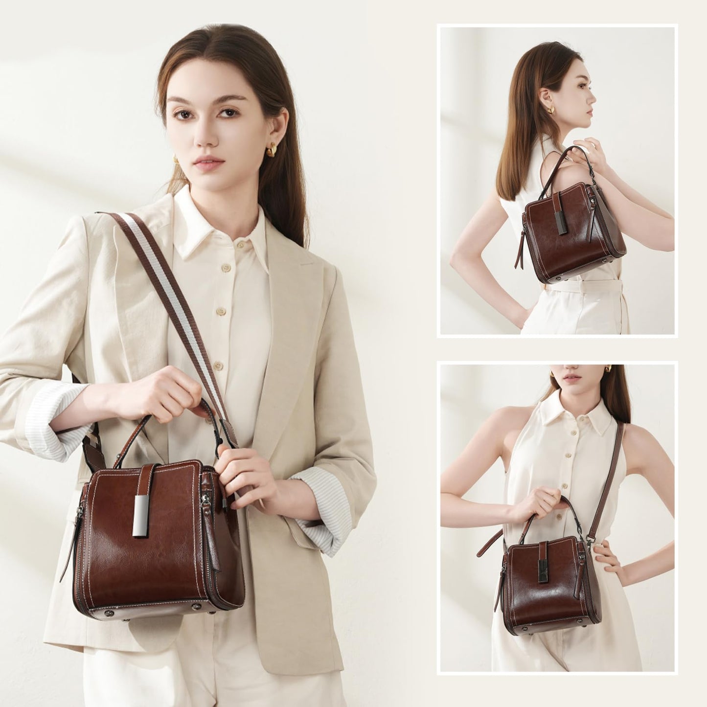 MoreFarther Genuine Leather Crossbody Bags for Women, Genuine Leather Purses Bucket Bags Shoulder Bag with Adjustable Shoulder Straps (Caramel)